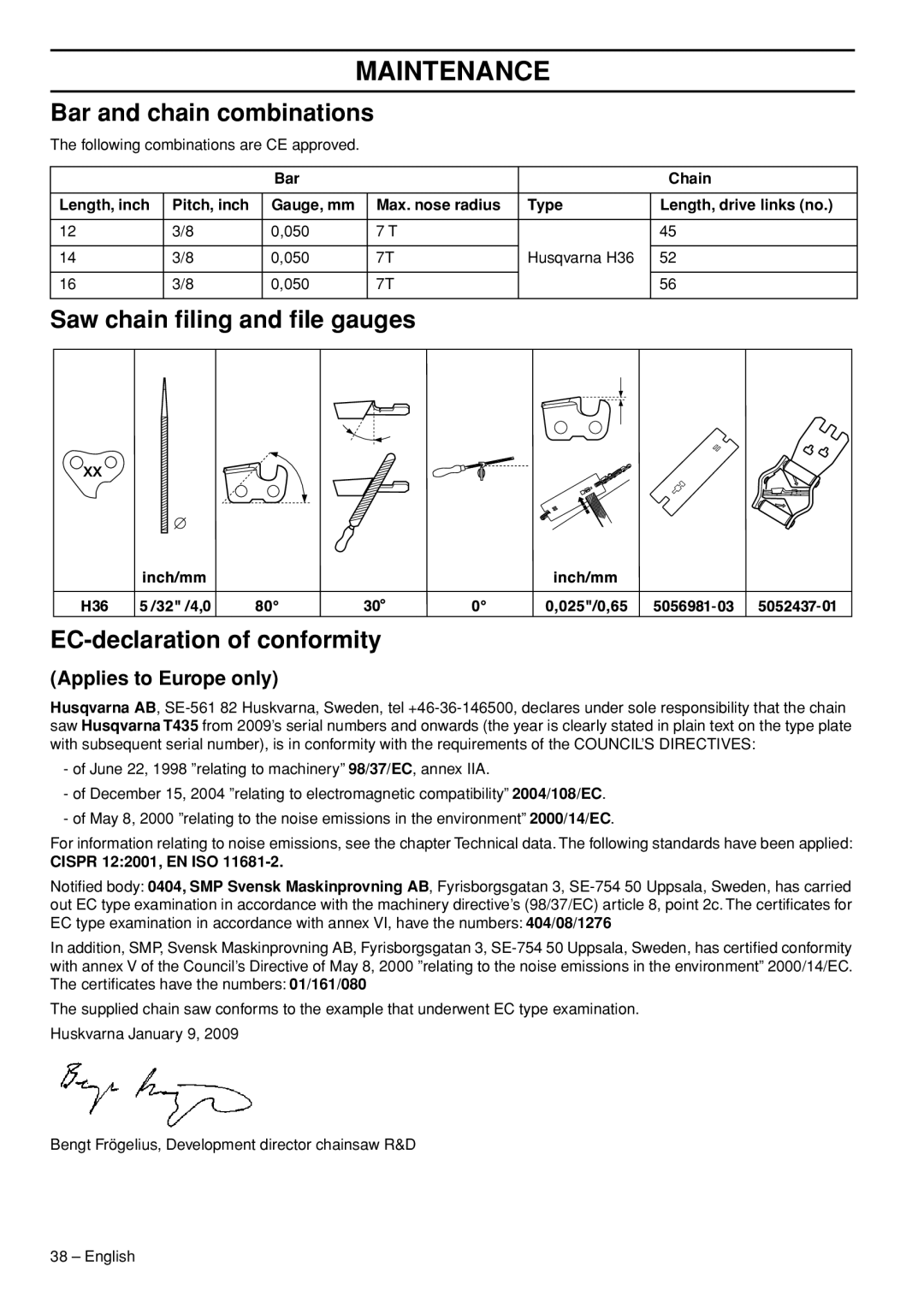 Husqvarna T435 manual Bar and chain combinations, Saw chain ﬁling and ﬁle gauges EC-declaration of conformity 