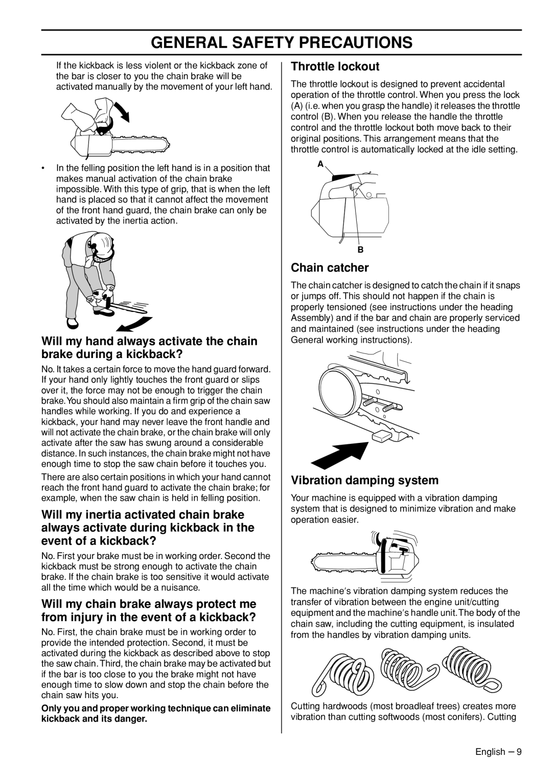 Husqvarna T435 manual Throttle lockout, Chain catcher, Vibration damping system 