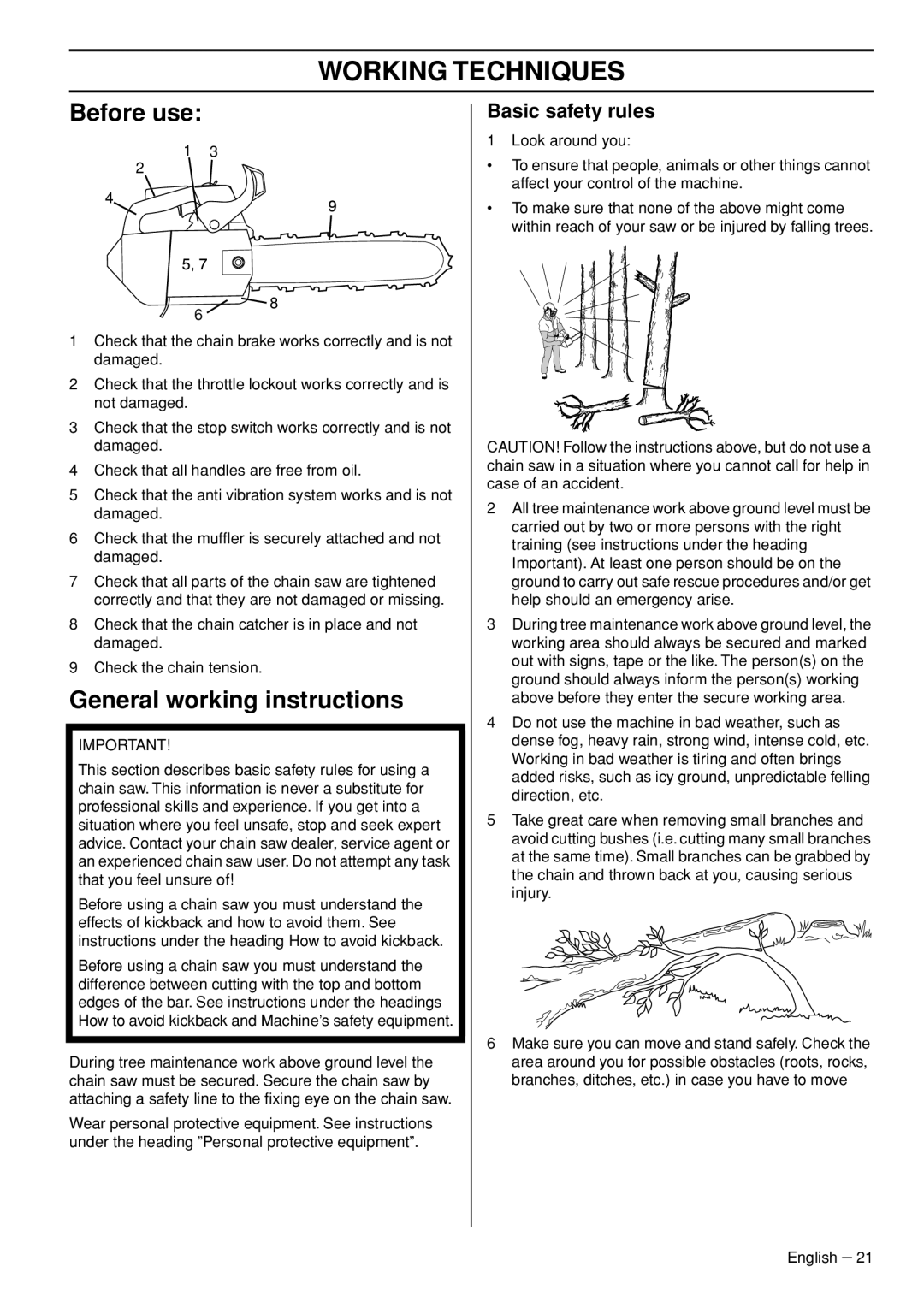Husqvarna T435 manual Working Techniques, Before use, General working instructions, Basic safety rules 