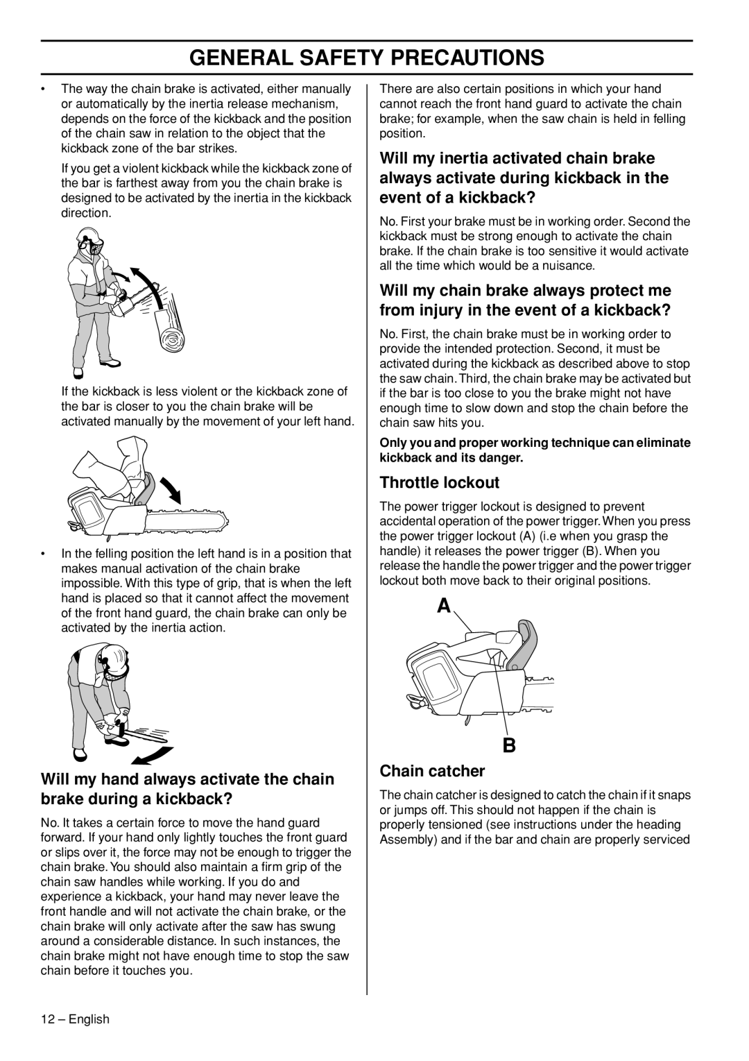 Husqvarna T536 manual Throttle lockout, Chain catcher 