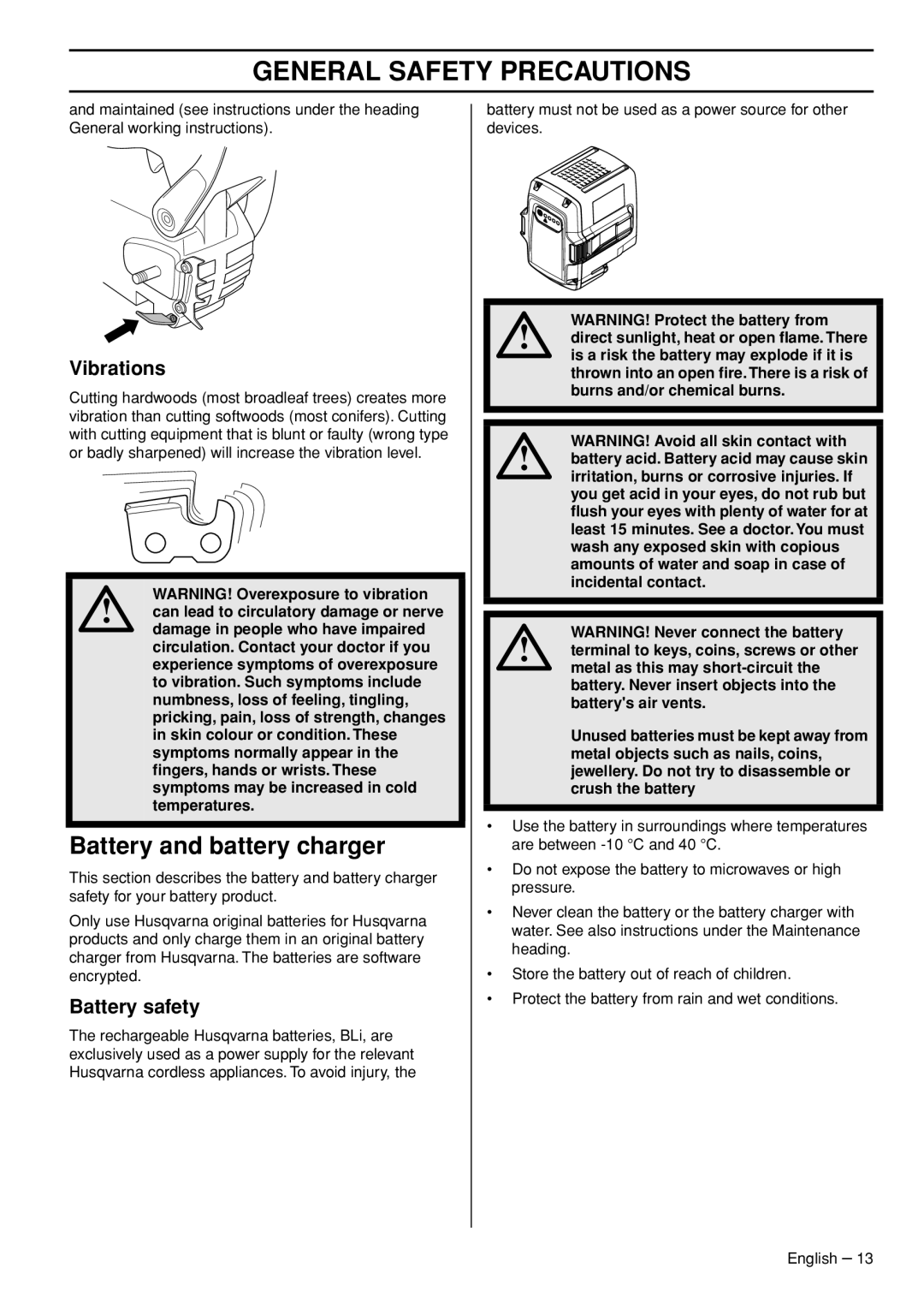 Husqvarna T536 manual Battery and battery charger, Vibrations, Battery safety 