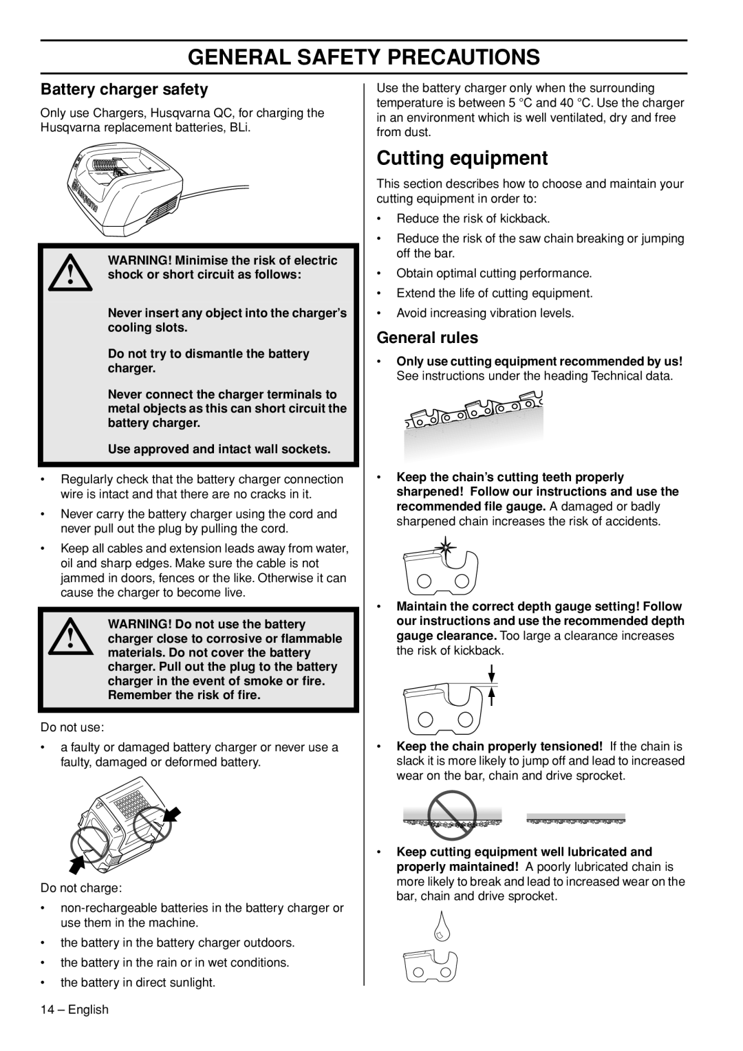 Husqvarna T536 manual Cutting equipment, Battery charger safety, General rules, Shock or short circuit as follows 