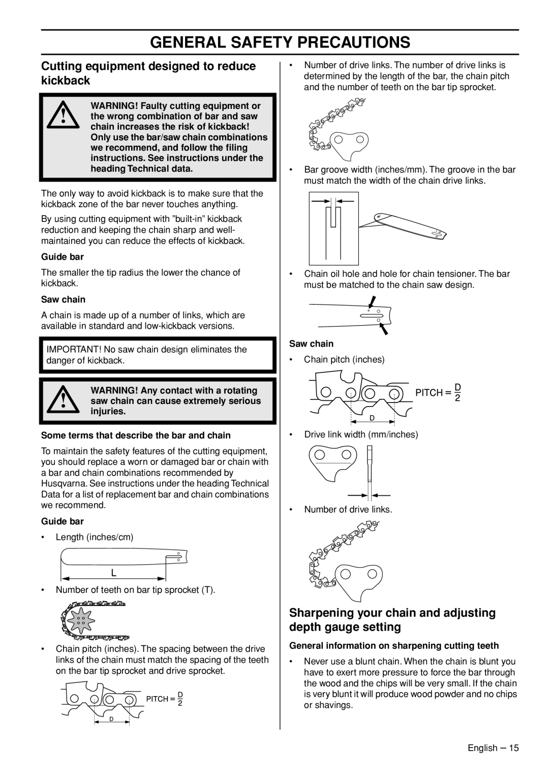 Husqvarna T536 Cutting equipment designed to reduce kickback, Sharpening your chain and adjusting depth gauge setting 