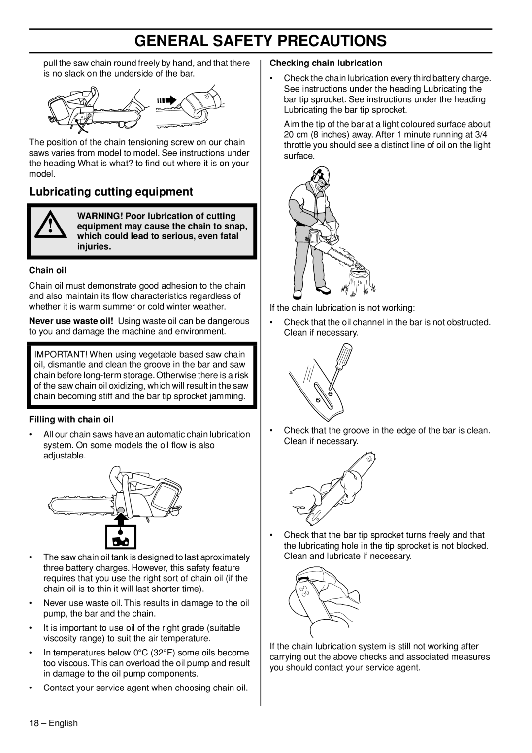 Husqvarna T536 manual Lubricating cutting equipment, Which could lead to serious, even fatal injuries Chain oil 