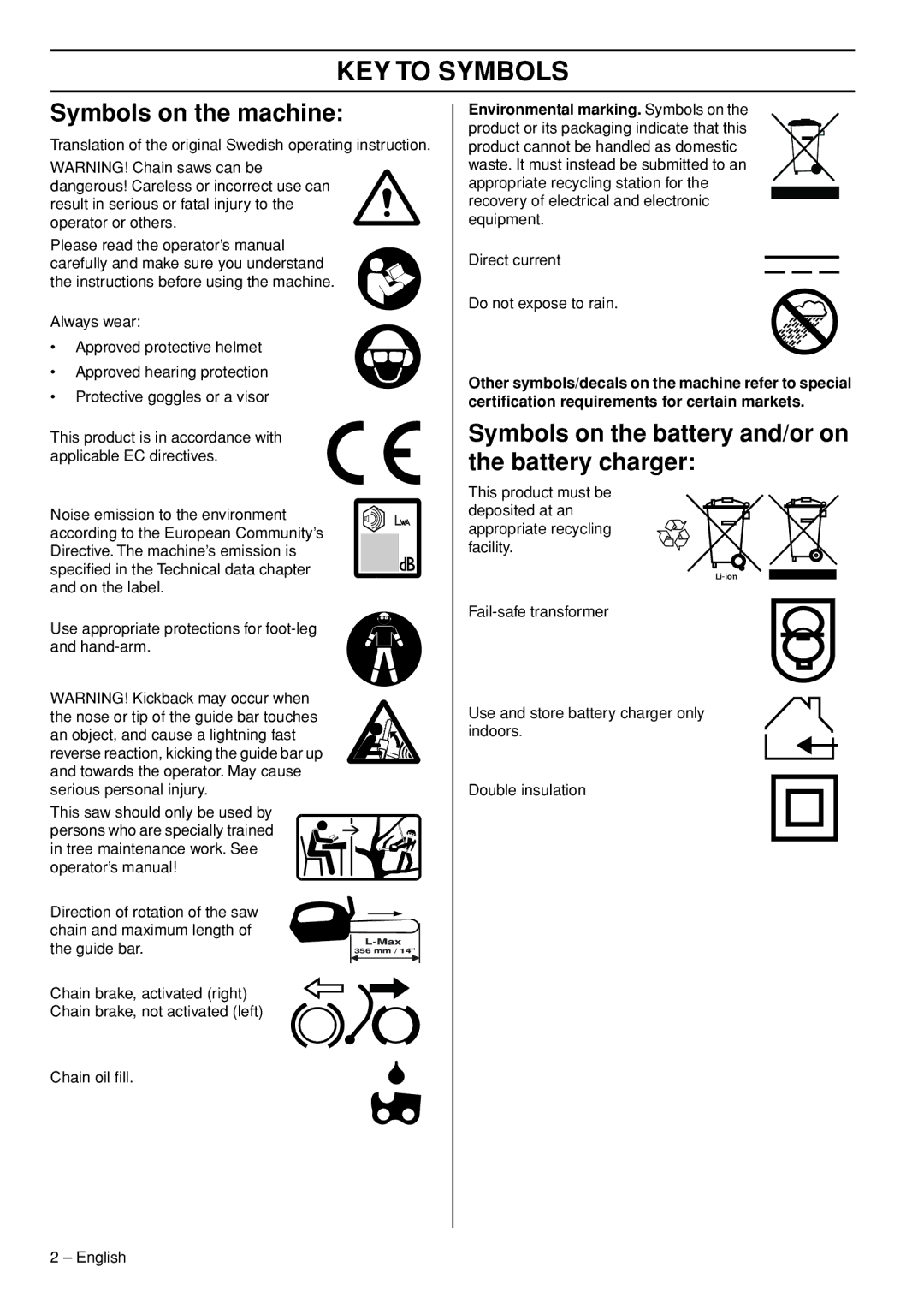 Husqvarna T536 manual KEY to Symbols, Symbols on the machine, Symbols on the battery and/or on the battery charger 