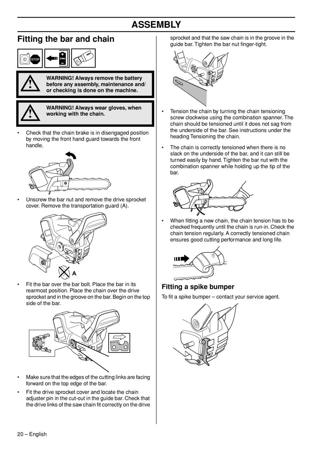 Husqvarna T536 manual Assembly, Fitting the bar and chain, Fitting a spike bumper 