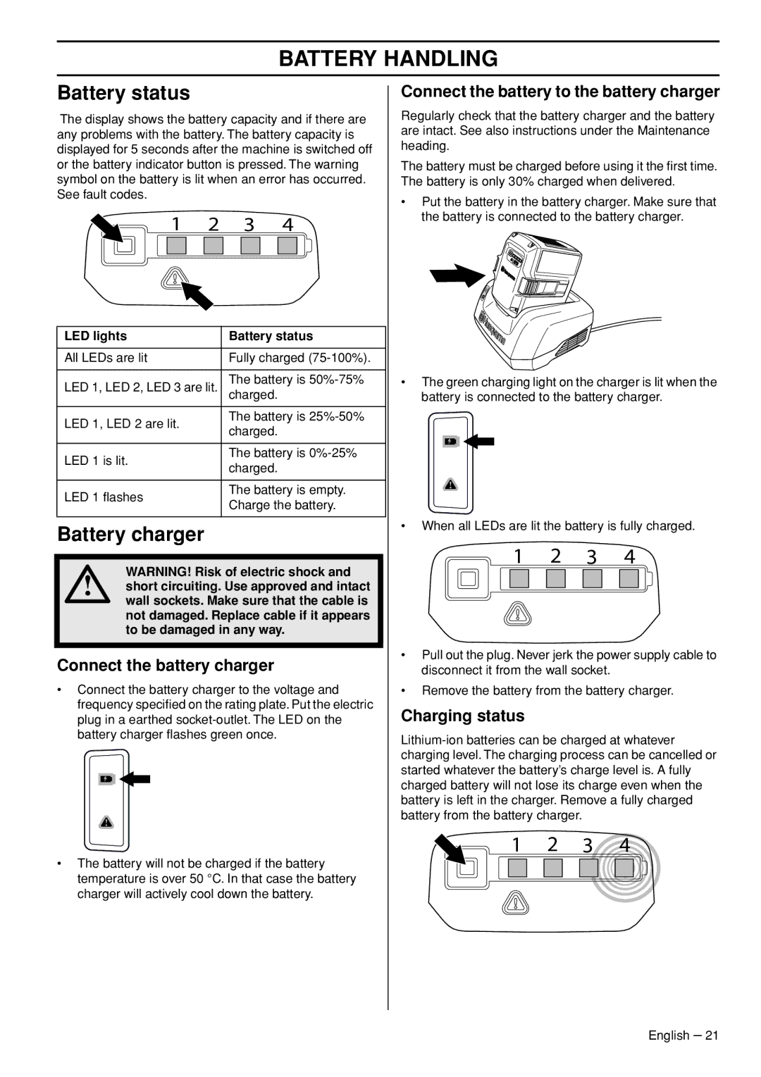 Husqvarna T536 manual Battery Handling, Battery status, Battery charger 