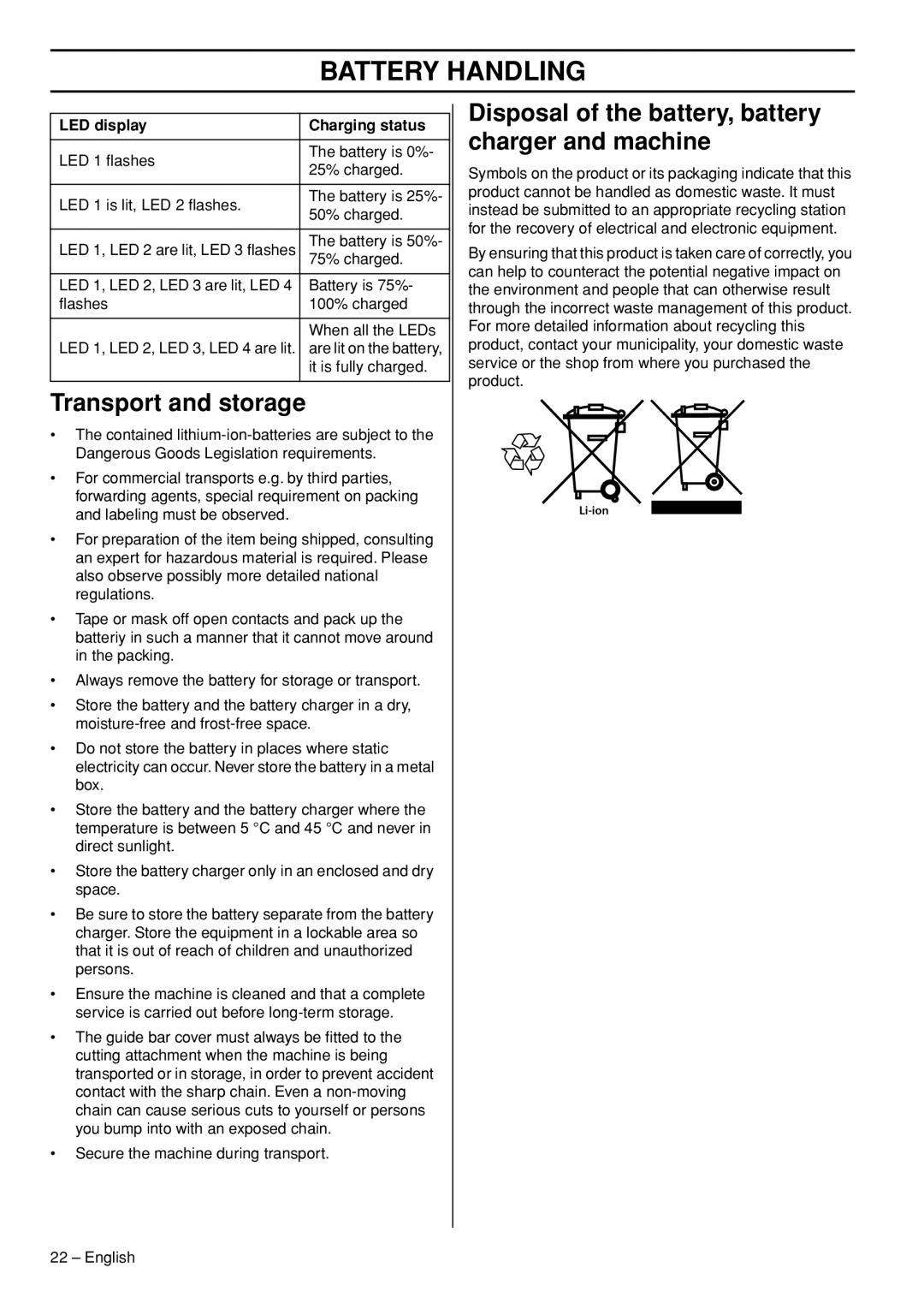 Husqvarna T536 Transport and storage, Disposal of the battery, battery charger and machine, LED display Charging status 
