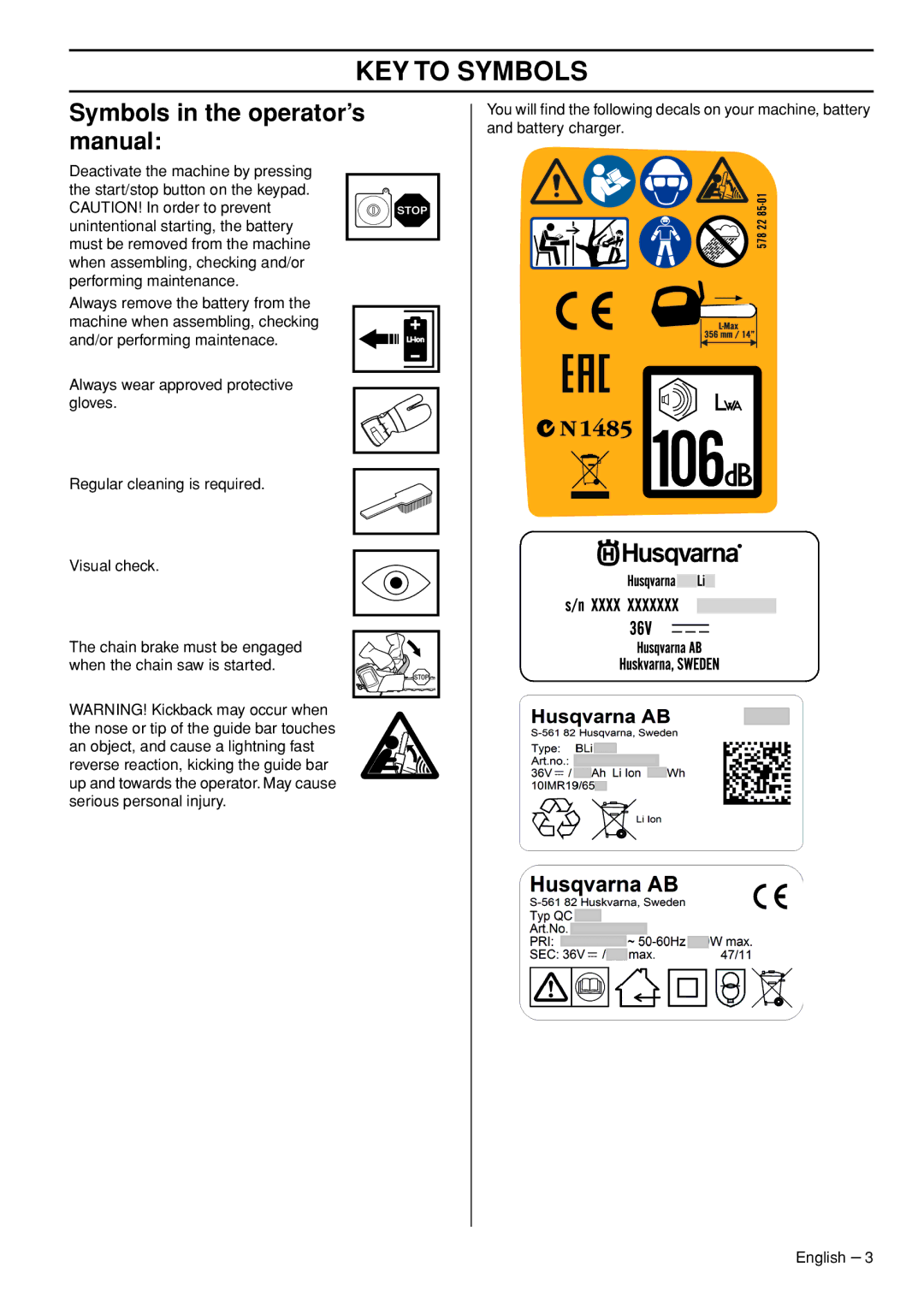 Husqvarna T536 Symbols in the operator’s manual 