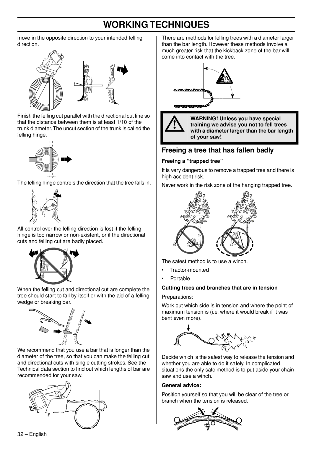 Husqvarna T536 manual Freeing a tree that has fallen badly, With a diameter larger than the bar length of your saw 