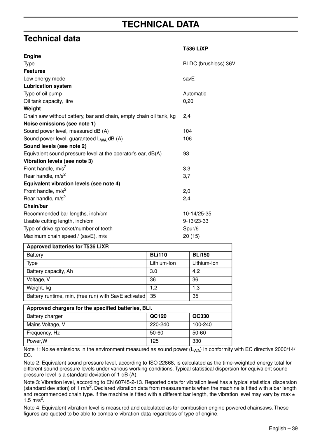 Husqvarna T536 manual Technical Data, Technical data 