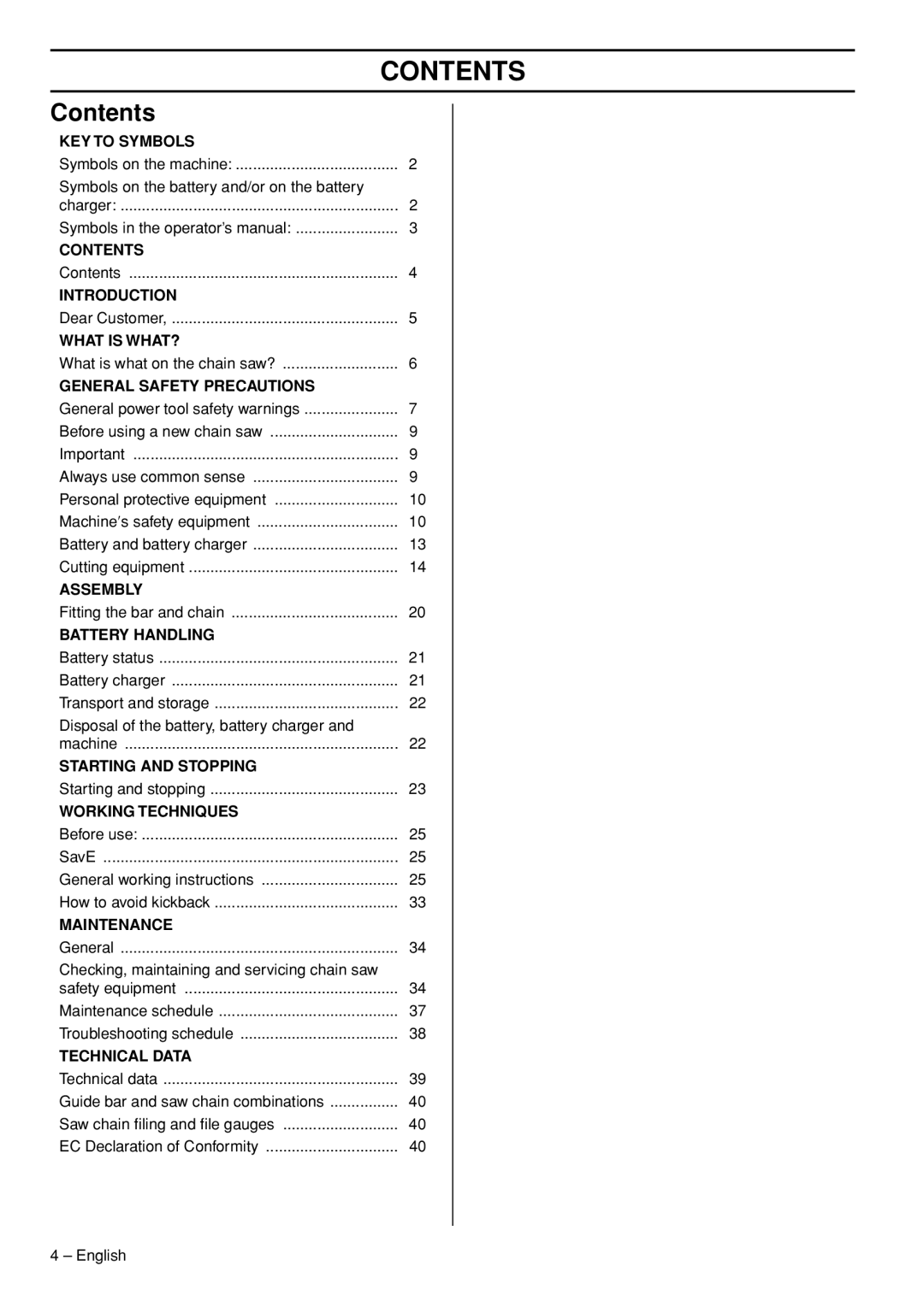 Husqvarna T536 manual Contents 