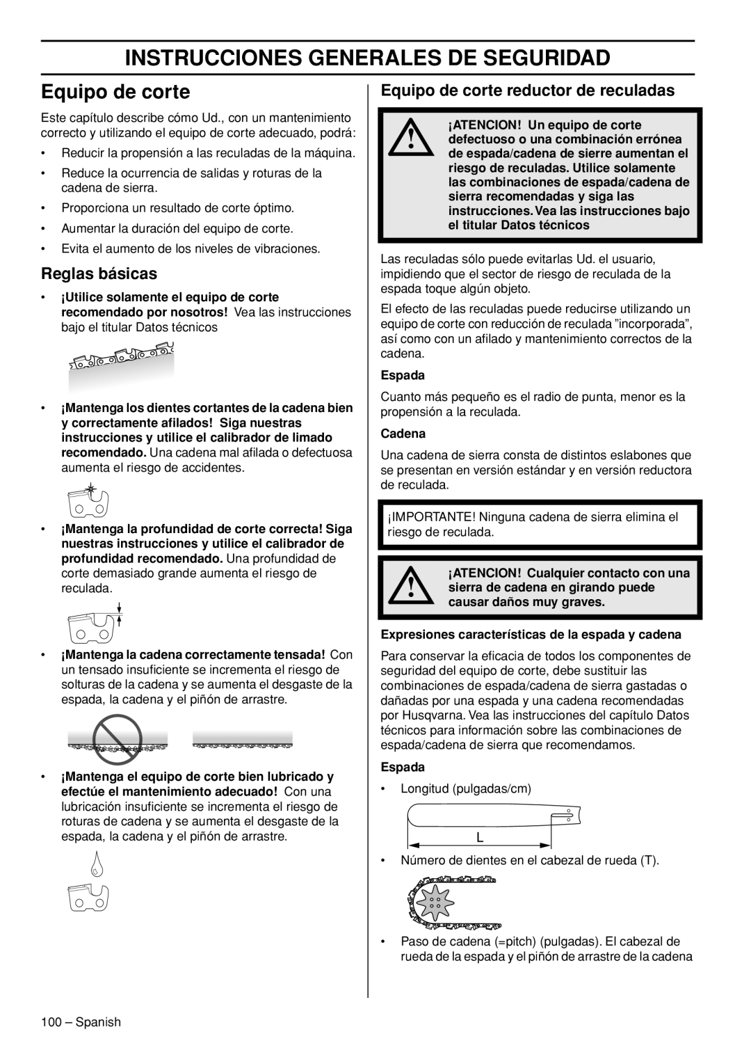 Husqvarna T540-XP manuel dutilisation Reglas básicas, Equipo de corte reductor de reculadas, Espada, Cadena 