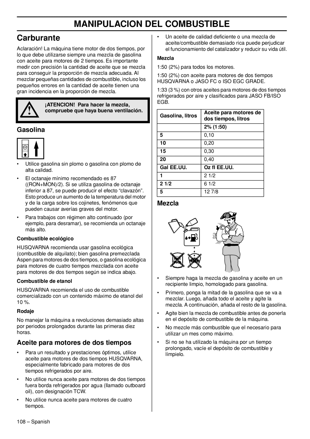 Husqvarna T540-XP Manipulacion DEL Combustible, Carburante, Gasolina, Aceite para motores de dos tiempos, Mezcla 