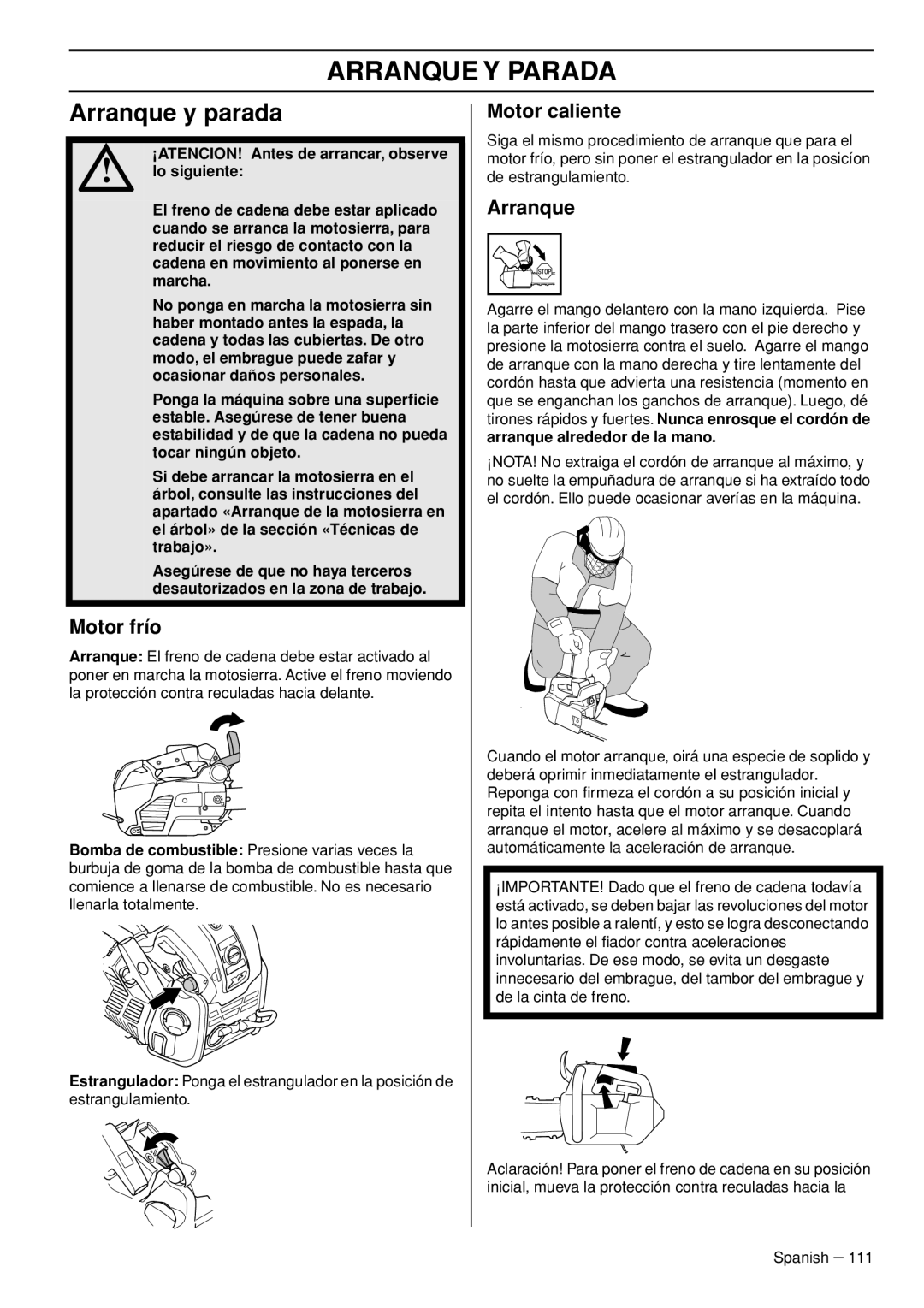 Husqvarna T540-XP manuel dutilisation Arranque Y Parada, Arranque y parada, Motor frío, Motor caliente 
