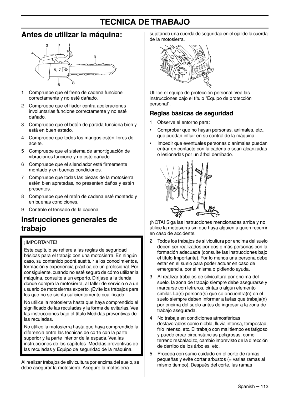 Husqvarna T540-XP manuel dutilisation Tecnica DE Trabajo, Antes de utilizar la máquina, Instrucciones generales de trabajo 