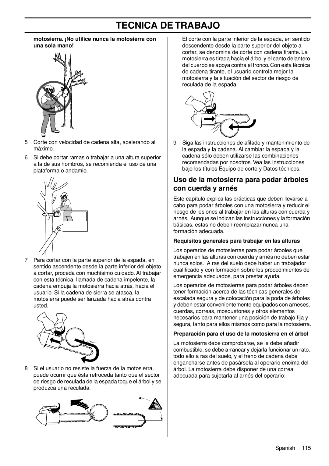 Husqvarna T540-XP manuel dutilisation Uso de la motosierra para podar árboles con cuerda y arnés 