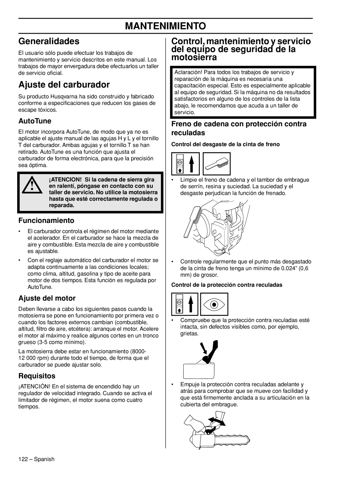 Husqvarna T540-XP manuel dutilisation Mantenimiento, Generalidades, Ajuste del carburador 