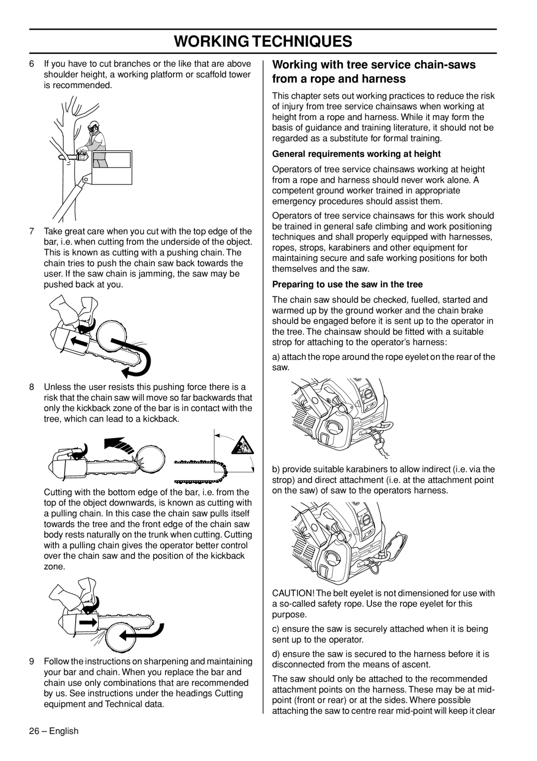 Husqvarna T540-XP manuel dutilisation General requirements working at height, Preparing to use the saw in the tree 