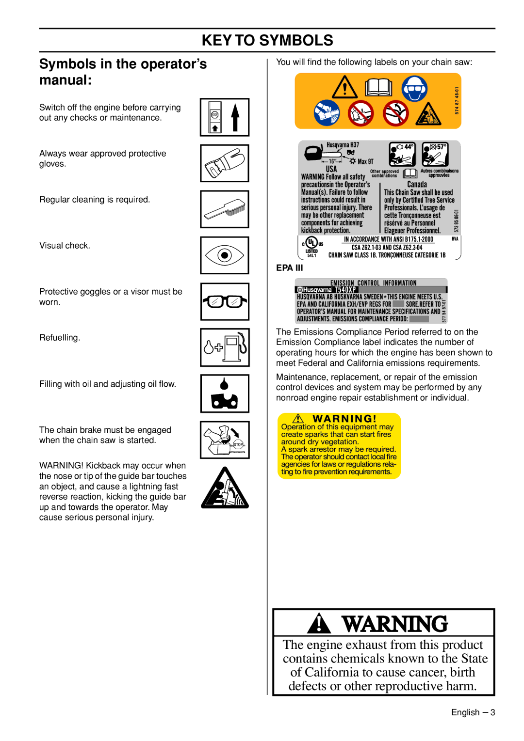 Husqvarna T540-XP manuel dutilisation Symbols in the operator’s manual, Epa 