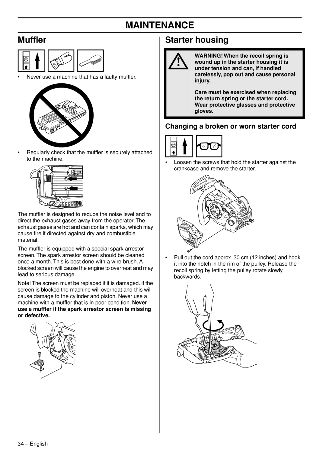 Husqvarna T540-XP manuel dutilisation Mufﬂer, Starter housing, Changing a broken or worn starter cord 