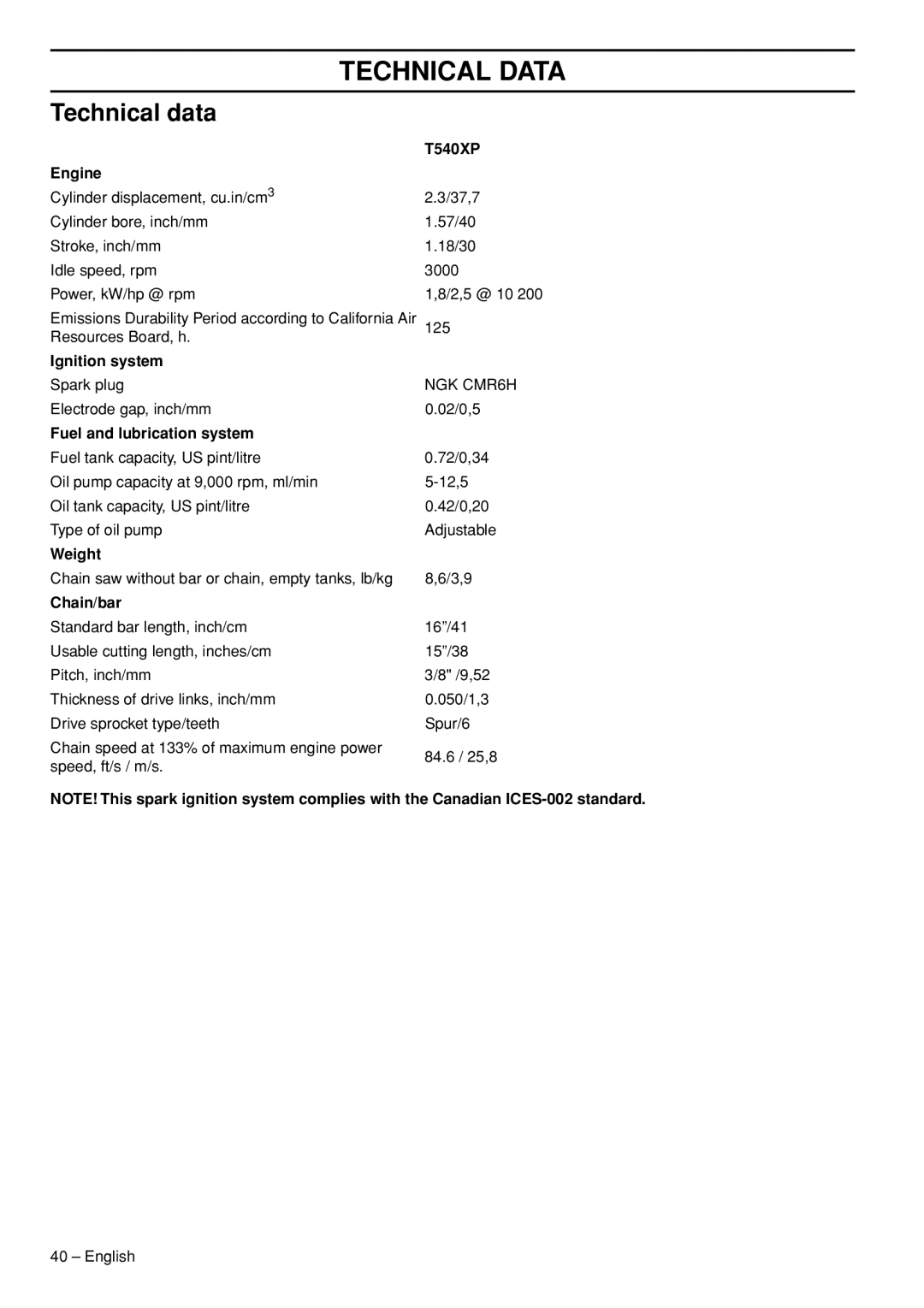 Husqvarna T540-XP manuel dutilisation Technical Data, Technical data 