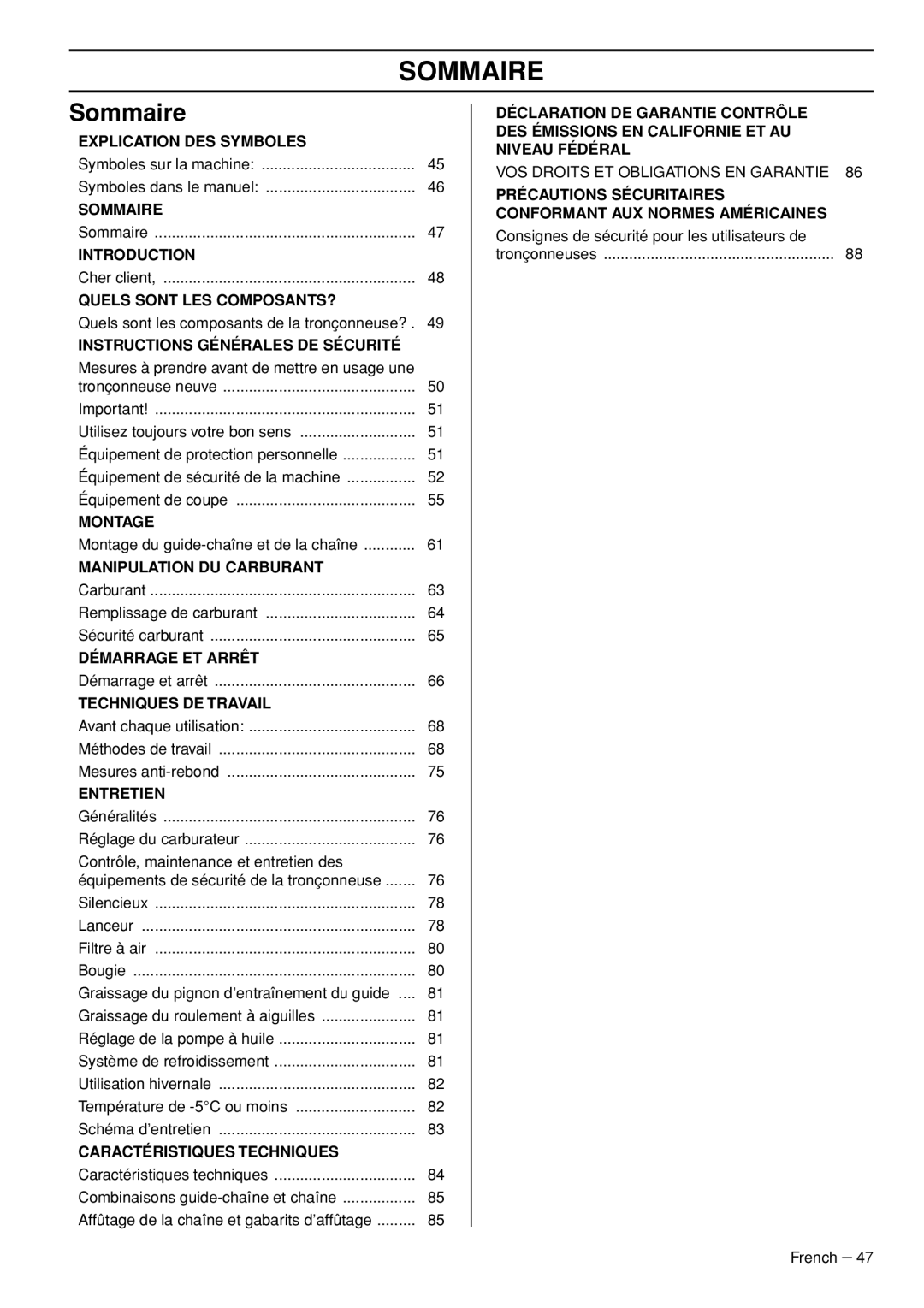 Husqvarna T540-XP manuel dutilisation Sommaire, Consignes de sécurité pour les utilisateurs de 