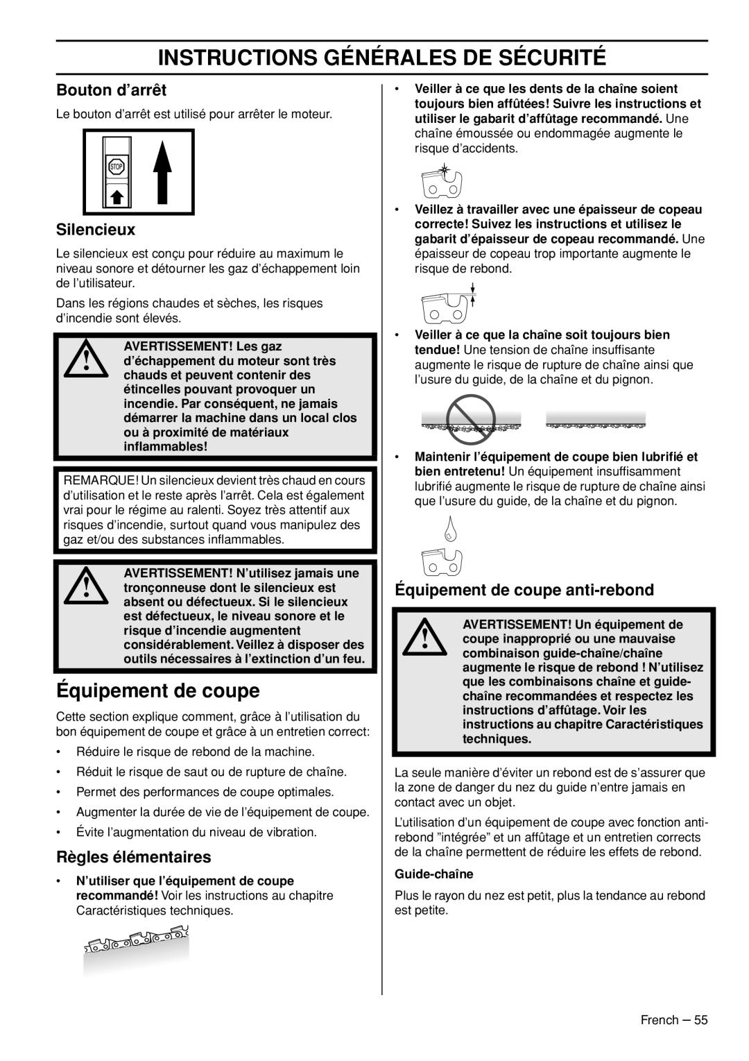 Husqvarna T540-XP manuel dutilisation Bouton d’arrêt, Silencieux, Règles élémentaires, Équipement de coupe anti-rebond 