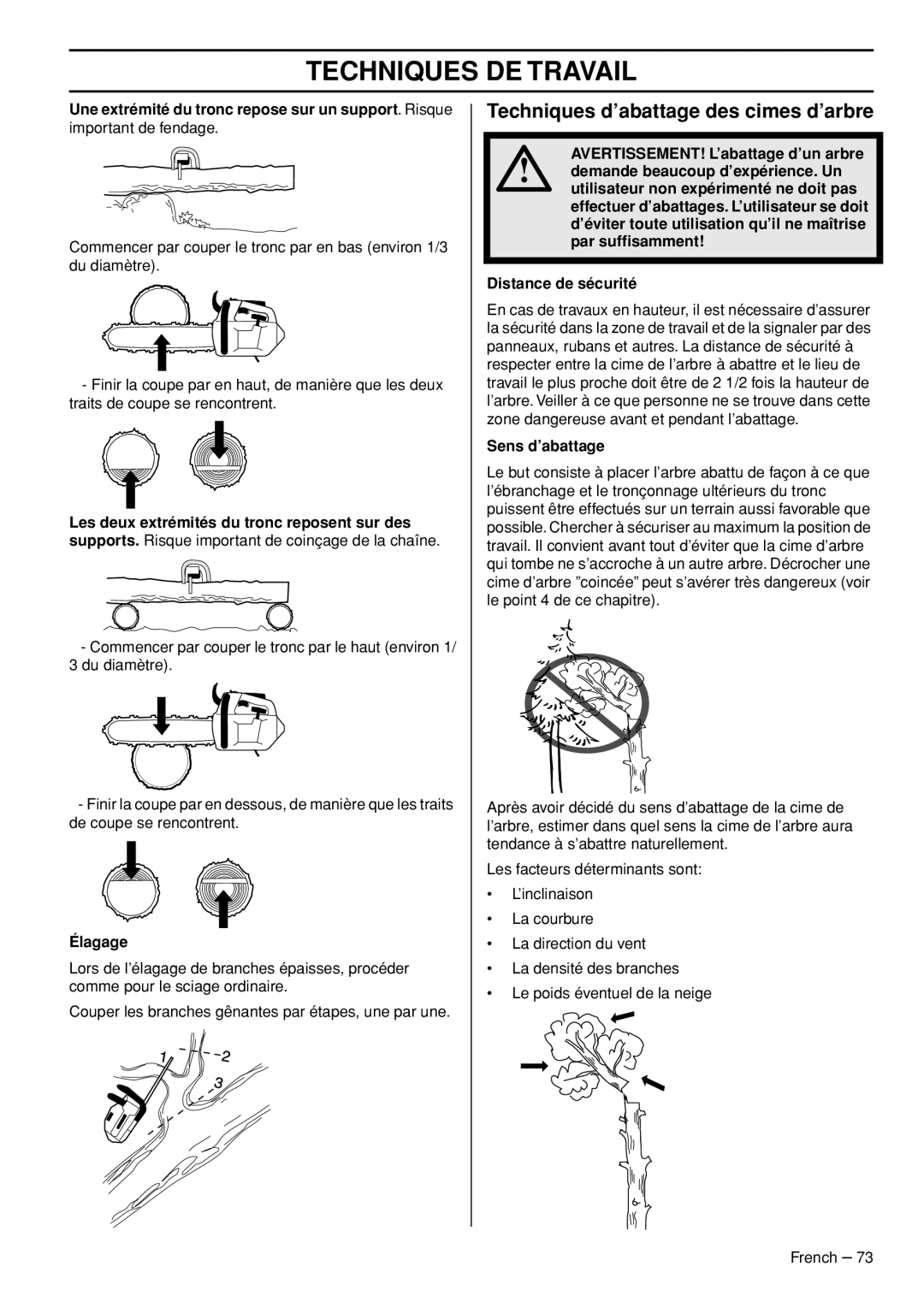 Husqvarna T540-XP manuel dutilisation Techniques d’abattage des cimes d’arbre 