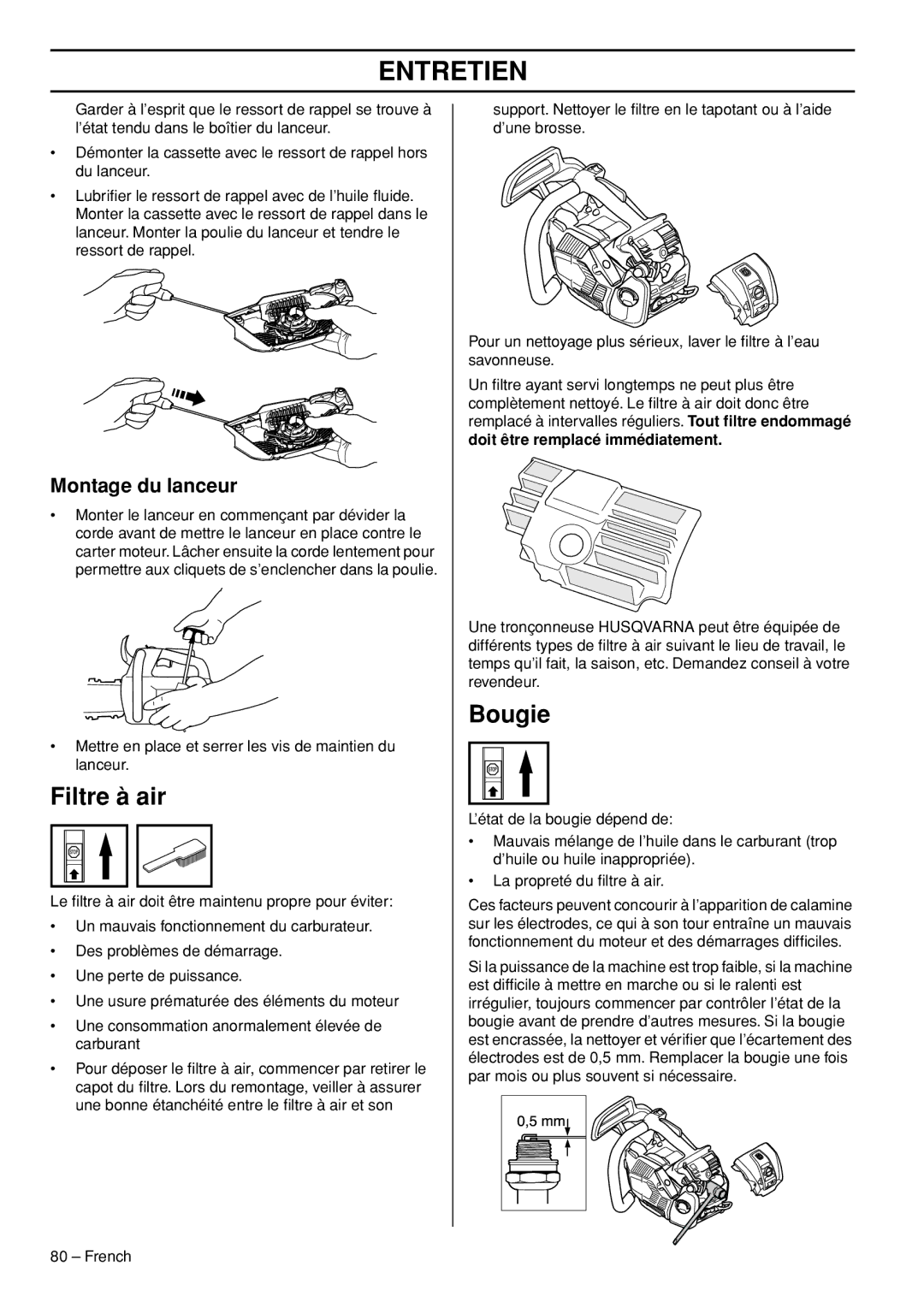 Husqvarna T540-XP manuel dutilisation Filtre à air, Bougie, Montage du lanceur 