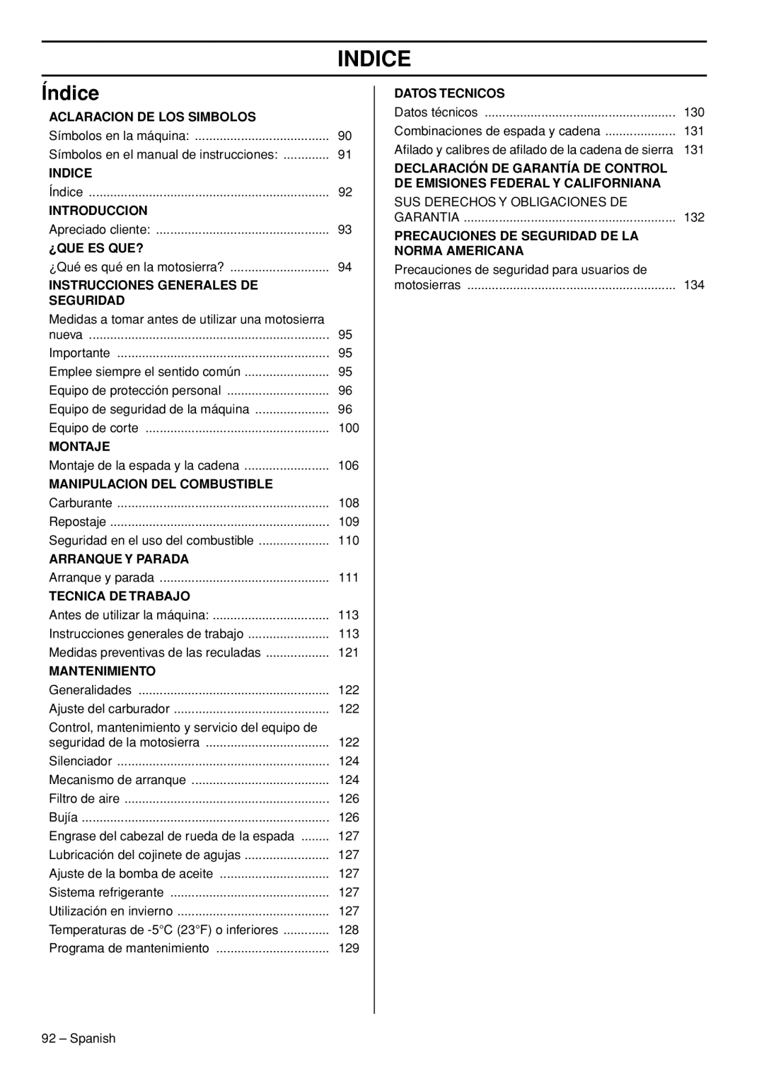 Husqvarna T540-XP manuel dutilisation Indice, Índice 