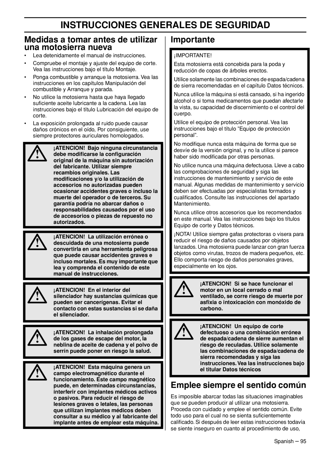 Husqvarna T540-XP Instrucciones Generales DE Seguridad, Medidas a tomar antes de utilizar una motosierra nueva, Importante 