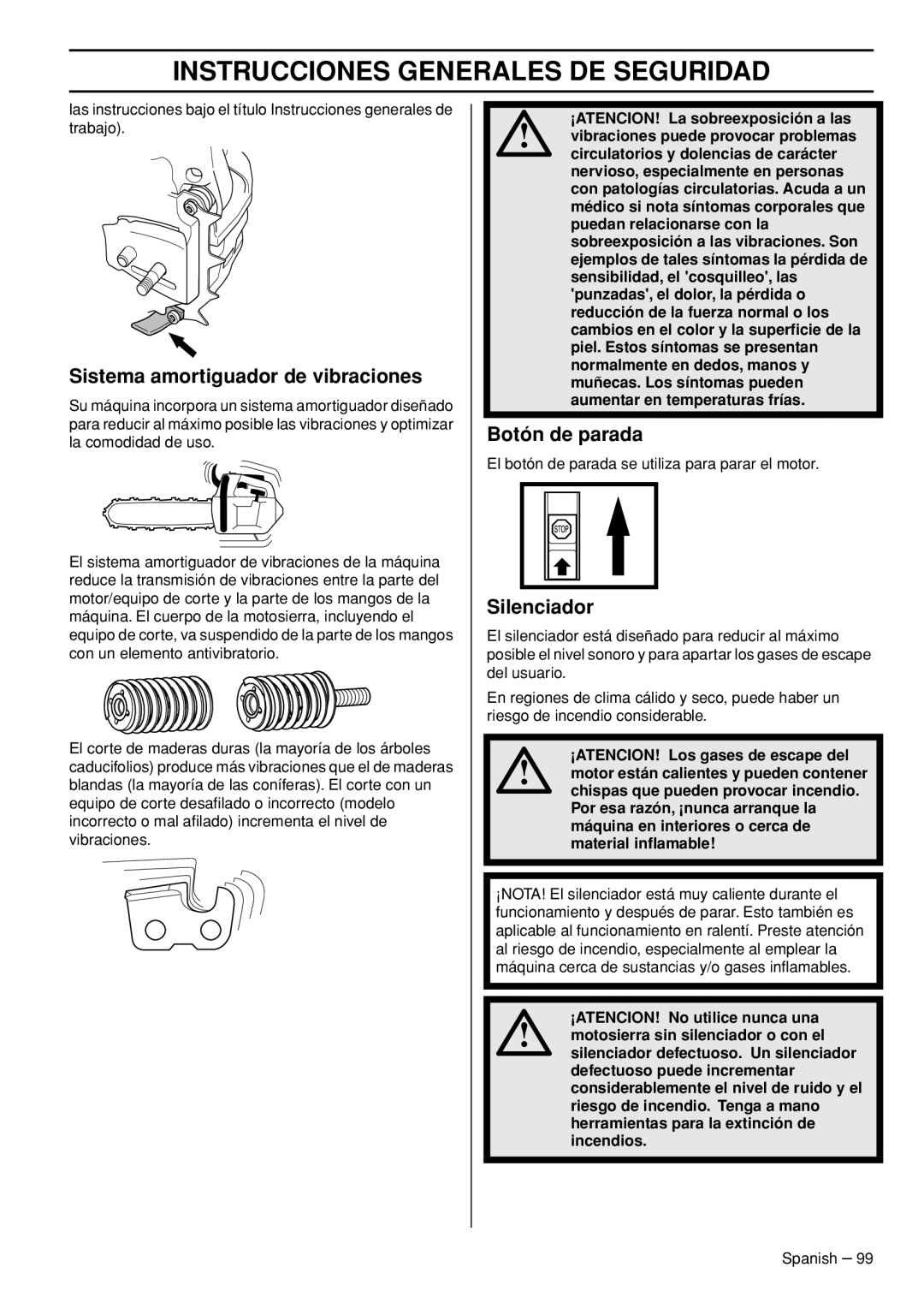 Husqvarna T540-XP manuel dutilisation Sistema amortiguador de vibraciones, Botón de parada, Silenciador 