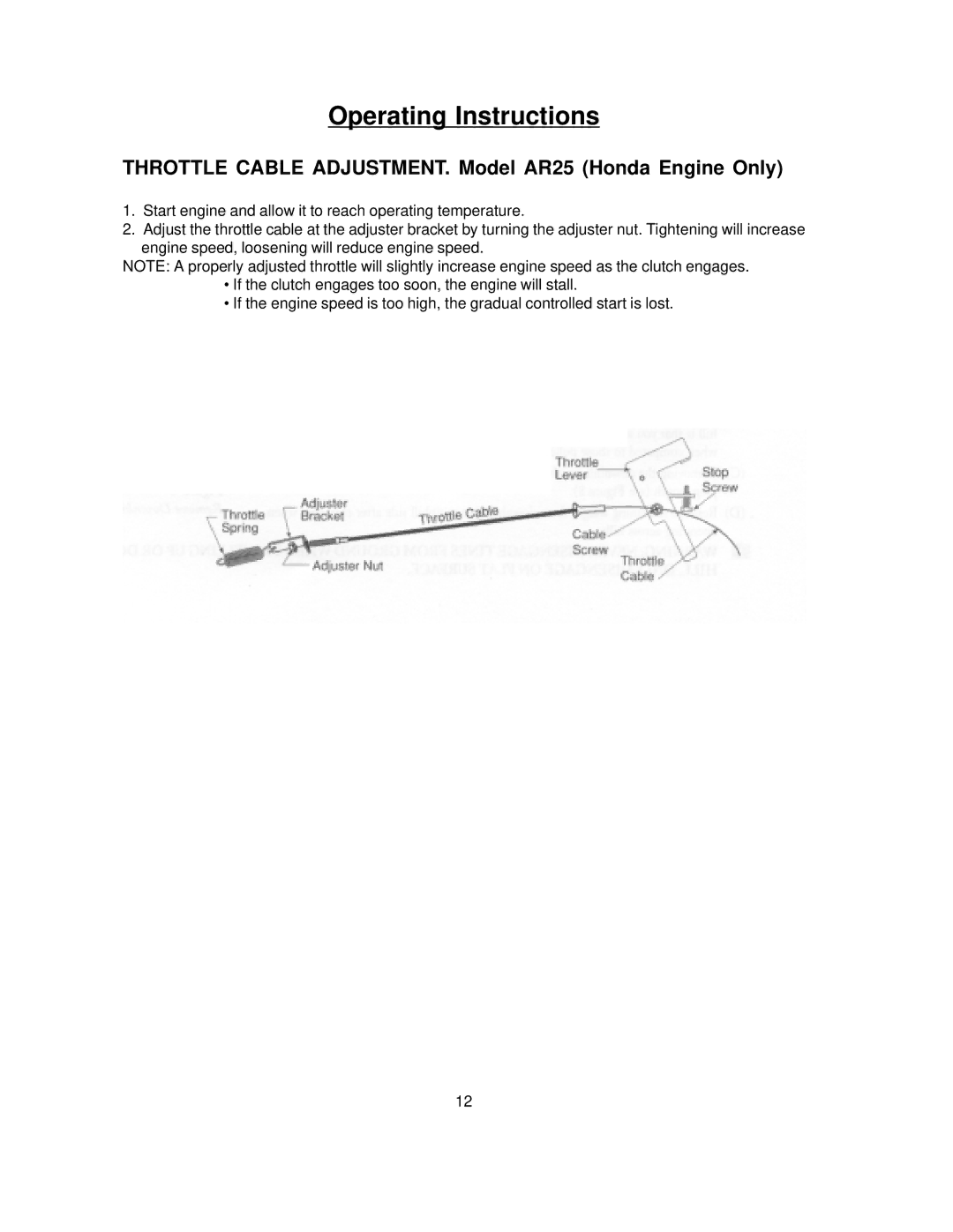 Husqvarna TA36, AR19 manual Throttle Cable ADJUSTMENT. Model AR25 Honda Engine Only 