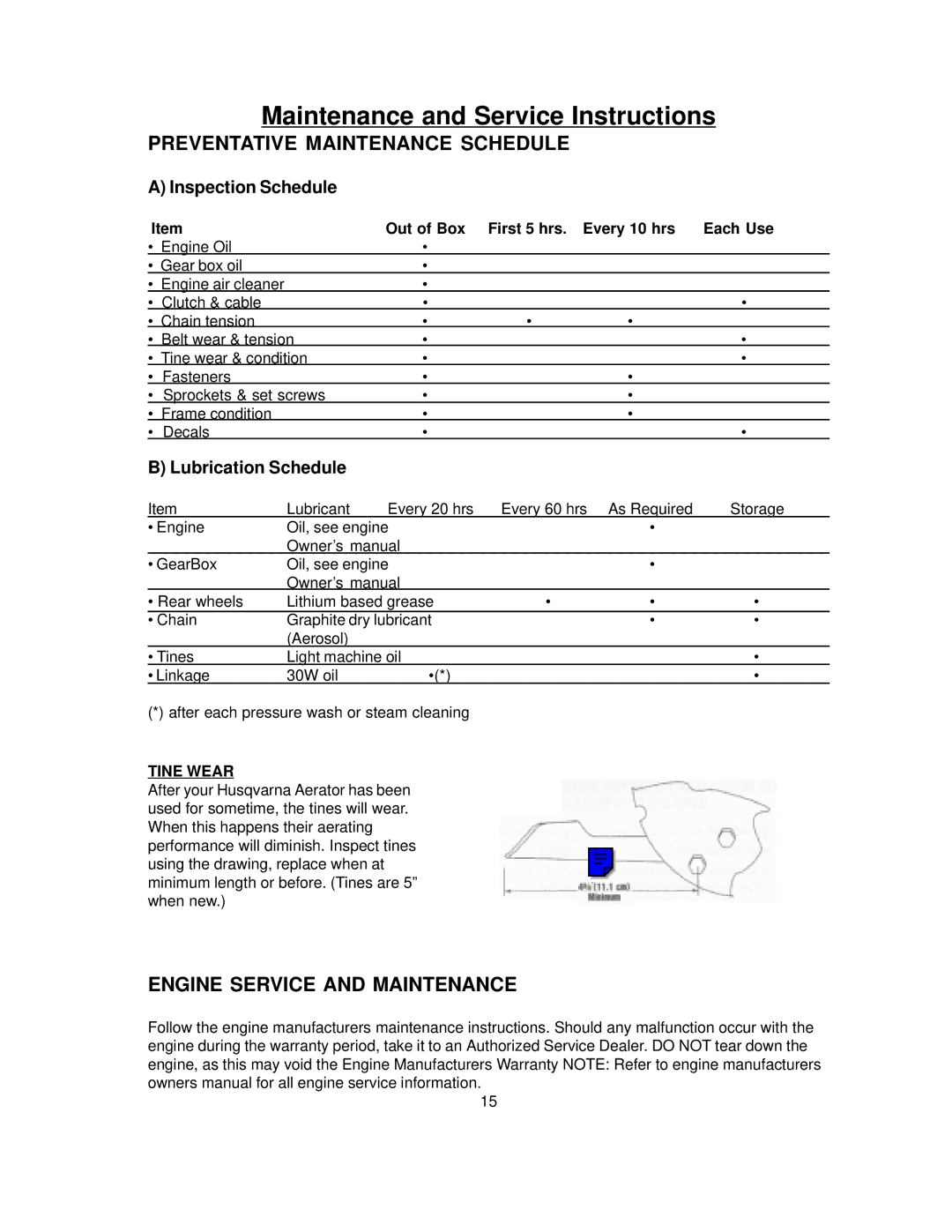 Husqvarna TA36, AR25, AR19 manual Preventative Maintenance Schedule, Engine Service and Maintenance, Tine Wear 