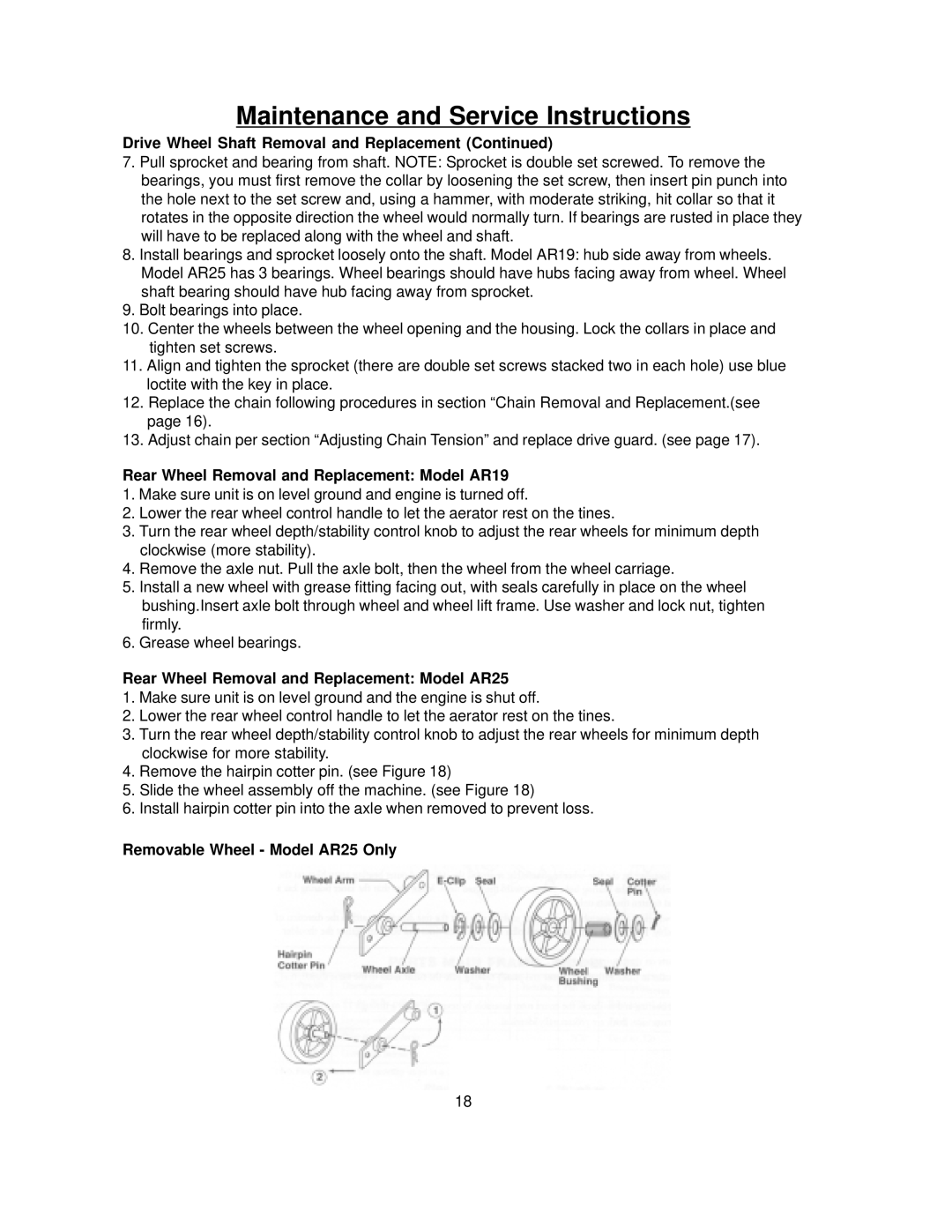 Husqvarna TA36 manual Rear Wheel Removal and Replacement Model AR19, Rear Wheel Removal and Replacement Model AR25 