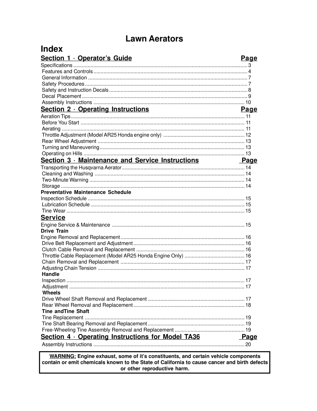 Husqvarna AR19, TA36, AR25 manual Lawn Aerators Index 