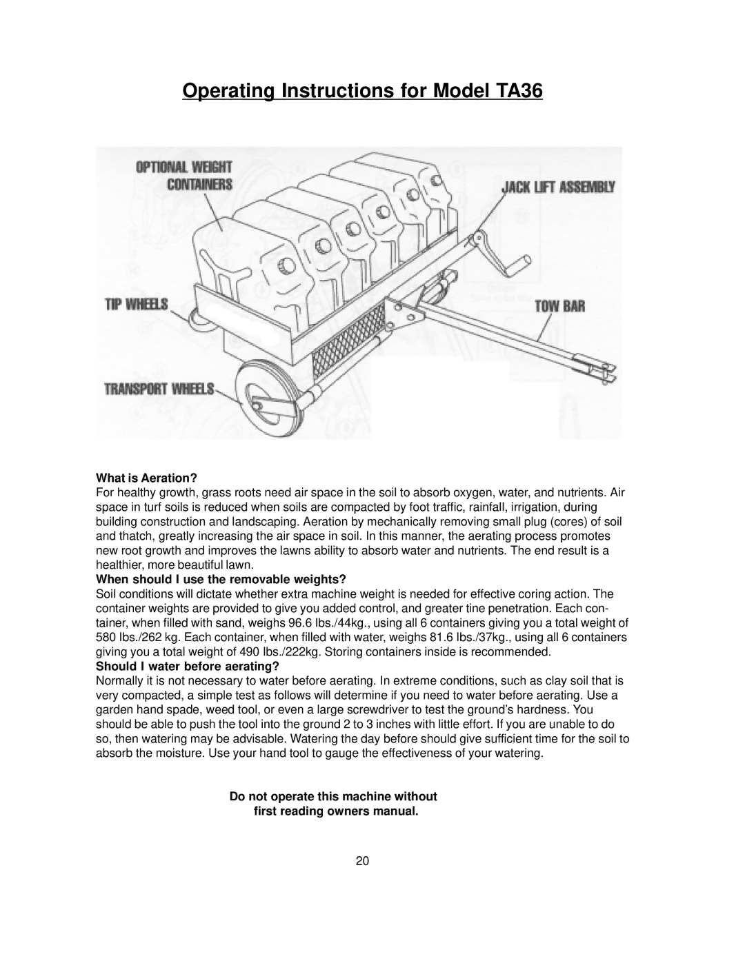 Husqvarna AR19, AR25 Operating Instructions for Model TA36, What is Aeration?, When should I use the removable weights? 