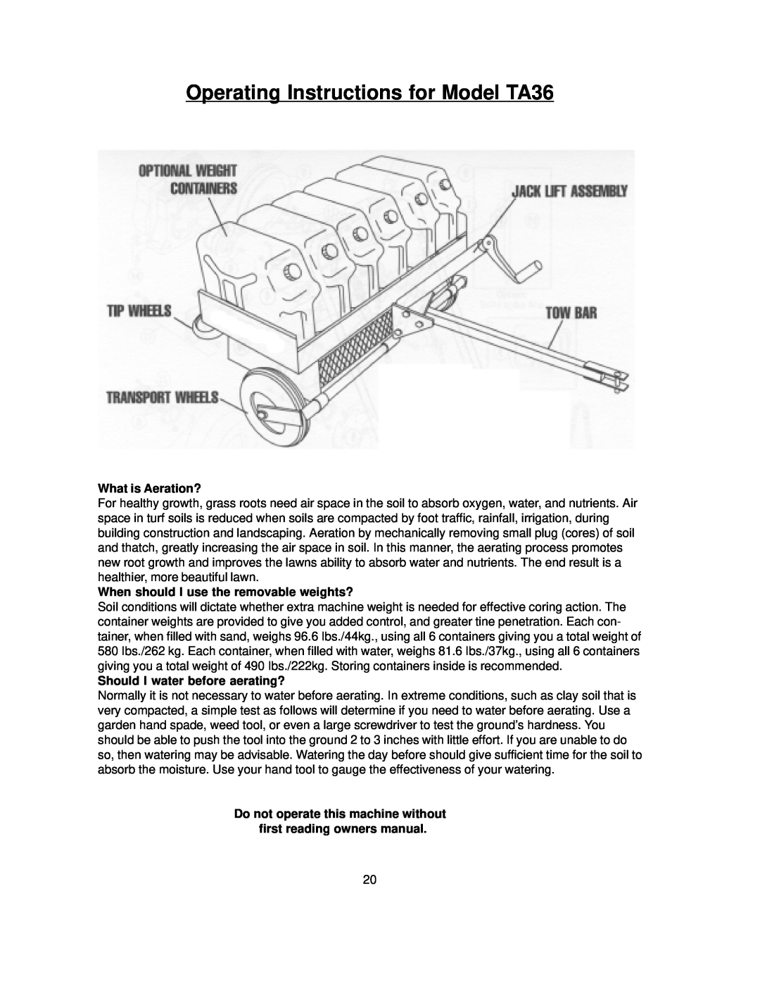 Husqvarna AR19, AR25 Operating Instructions for Model TA36, What is Aeration?, When should I use the removable weights? 
