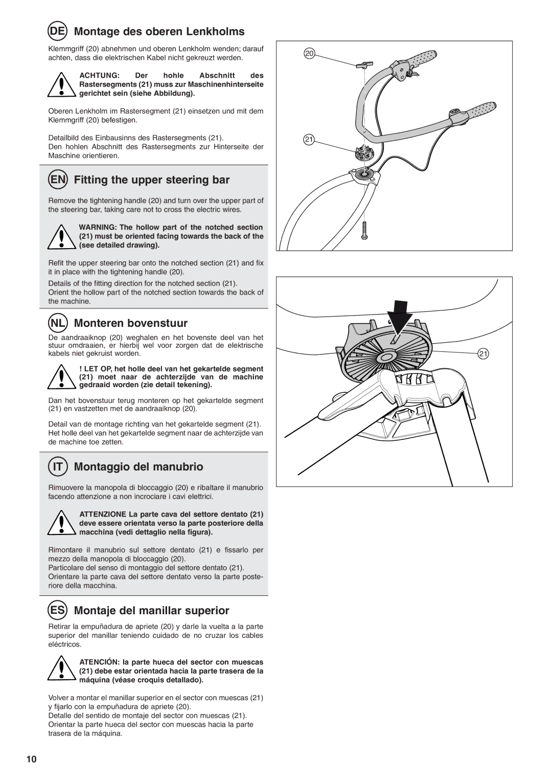 Husqvarna TB1000 manual DE Montage des oberen Lenkholms, EN Fitting the upper steering bar, NL Monteren bovenstuur 