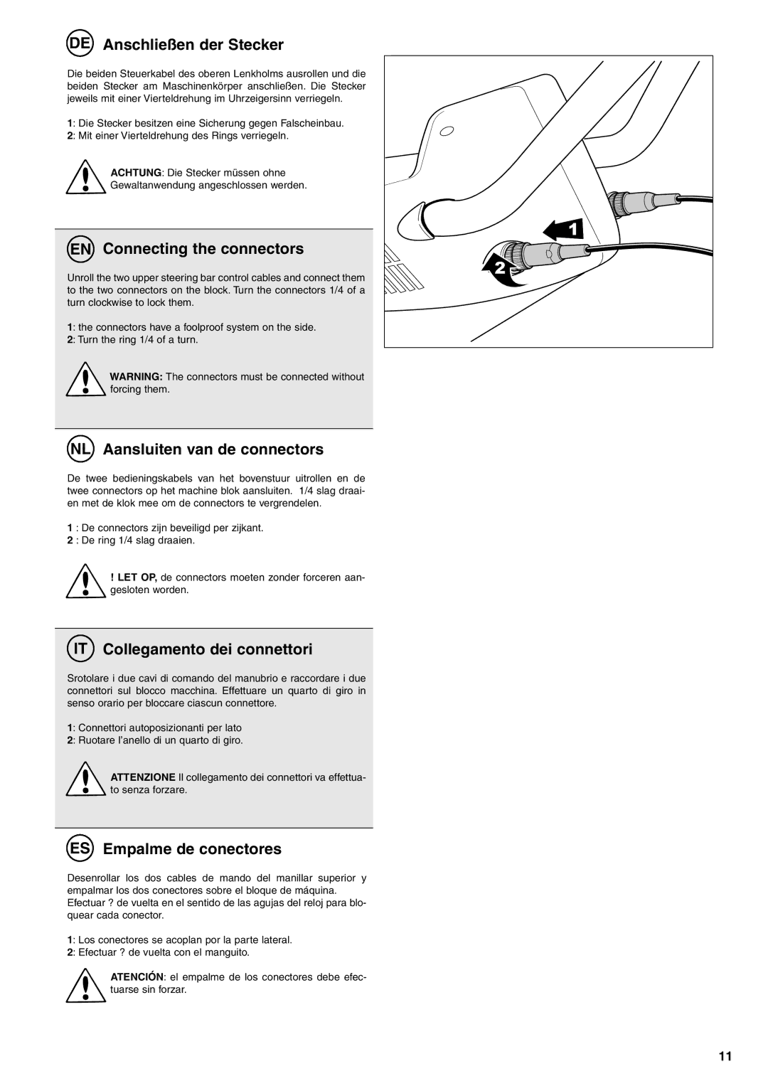 Husqvarna TB1000 manual DE Anschließen der Stecker, EN Connecting the connectors, NL Aansluiten van de connectors 