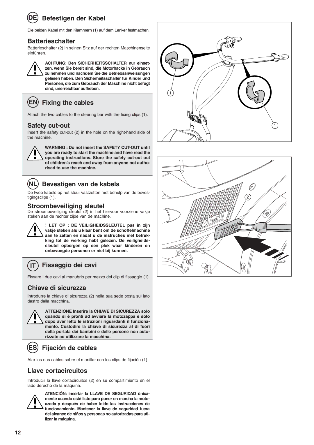 Husqvarna TB1000 DE Befestigen der Kabel, Batterieschalter, EN Fixing the cables, Safety cut-out, IT Fissaggio dei cavi 