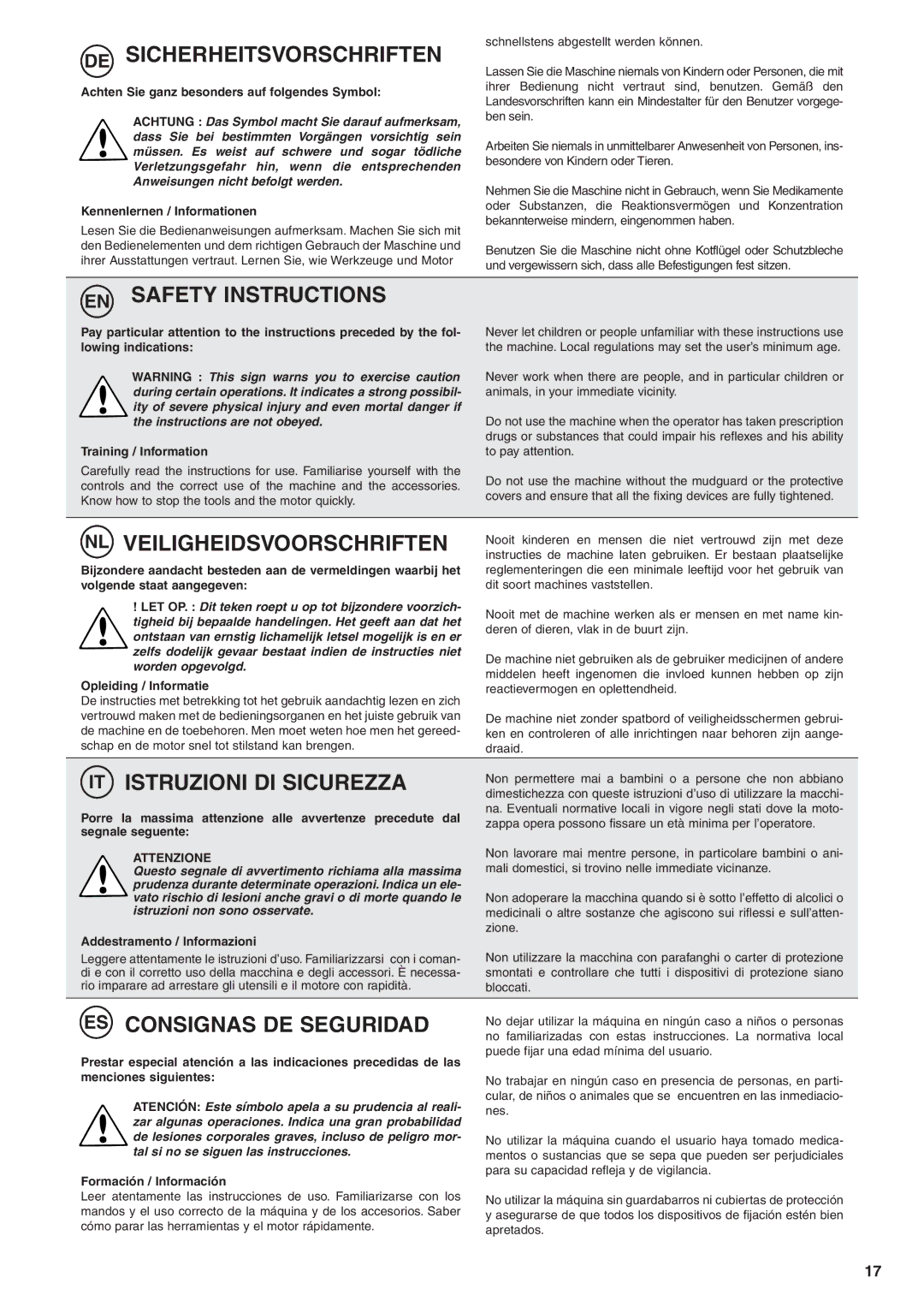 Husqvarna TB1000 manual DE Sicherheitsvorschriften, EN Safety Instructions, NL Veiligheidsvoorschriften 