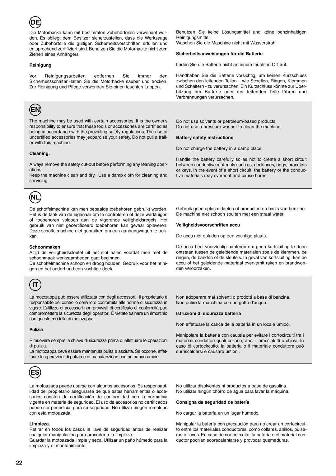 Husqvarna TB1000 Reinigung, Sicherheitsanweisungen für die Batterie, Cleaning, Battery safety instructions, Schoonmaken 