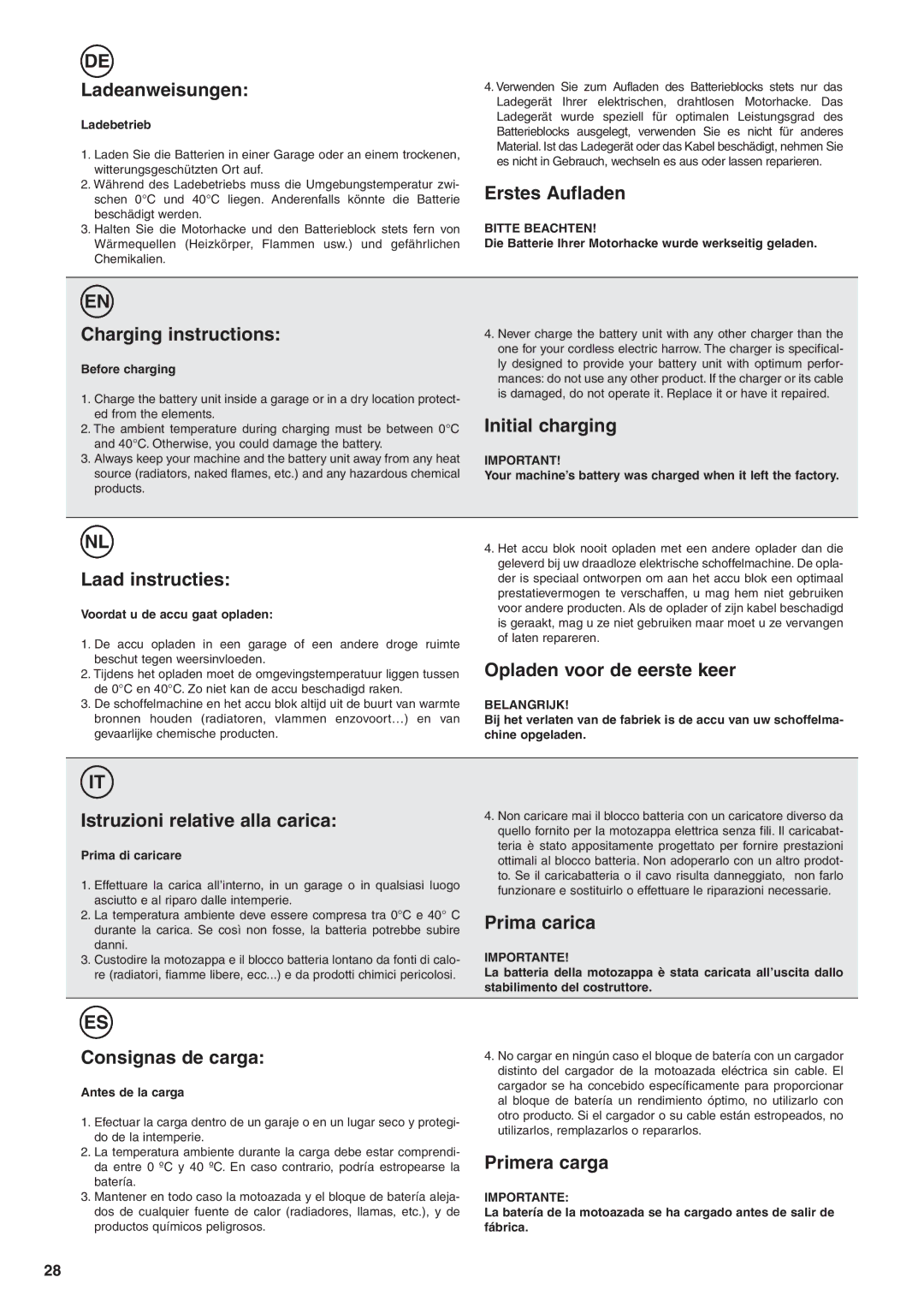 Husqvarna TB1000 Ladeanweisungen, Erstes Aufladen, Charging instructions, Initial charging, Laad instructies, Prima carica 