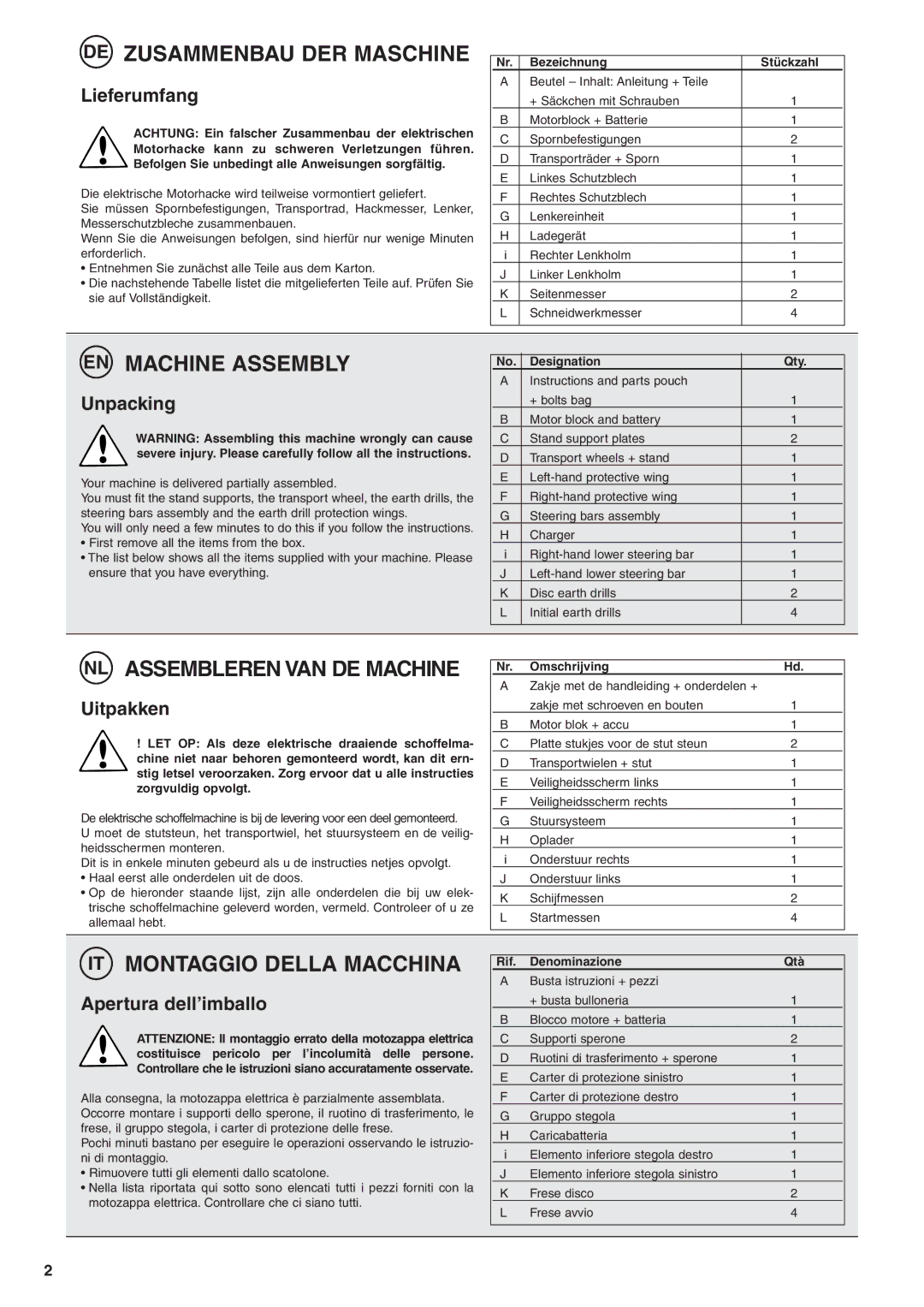 Husqvarna TB1000 manual DE Zusammenbau DER Maschine, EN Machine Assembly, NL Assembleren VAN DE Machine 