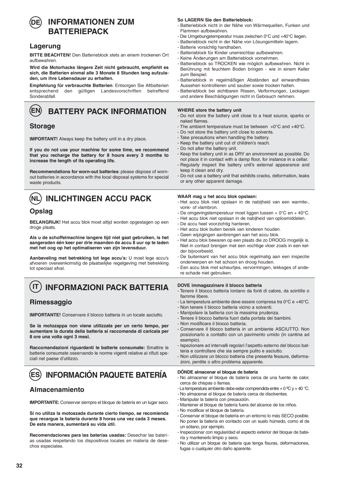 Husqvarna TB1000 manual DE Informationen ZUM Batteriepack, EN Battery Pack Information, NL Inlichtingen Accu Pack 