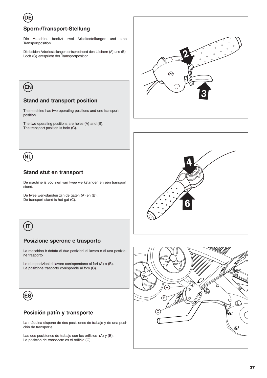 Husqvarna TB1000 manual Sporn-/Transport-Stellung, Stand and transport position, Stand stut en transport 