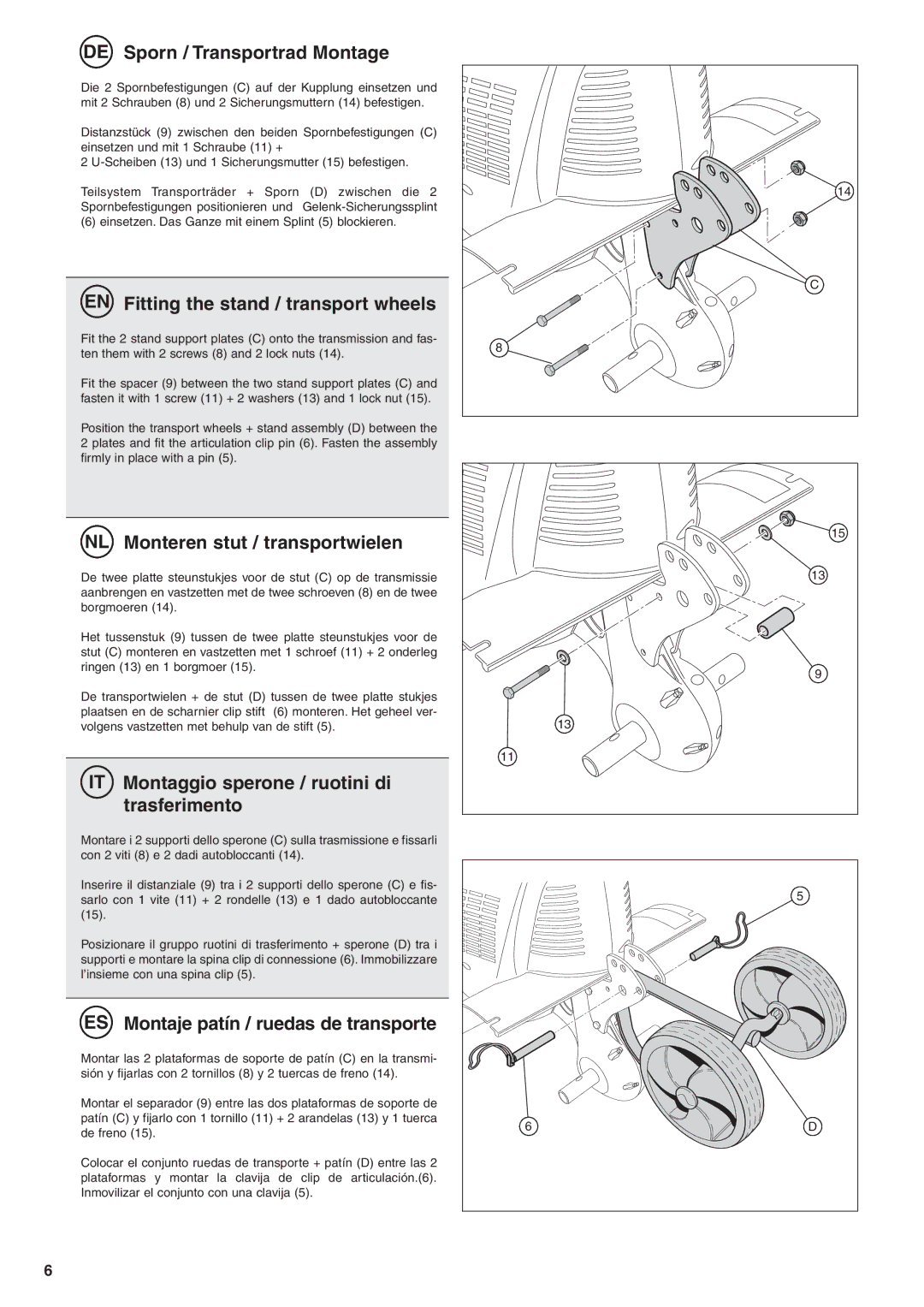 Husqvarna TB1000 manual DE Sporn / Transportrad Montage, EN Fitting the stand / transport wheels 