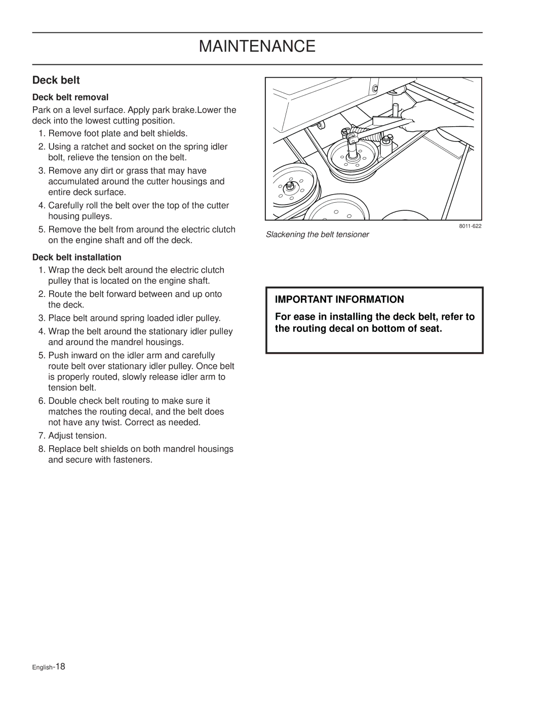 Husqvarna TRD52i, TRD61L, TRD48i, CD61B, CD61L, CD52i, CD52L, CD48i manual Deck belt removal, Deck belt installation 